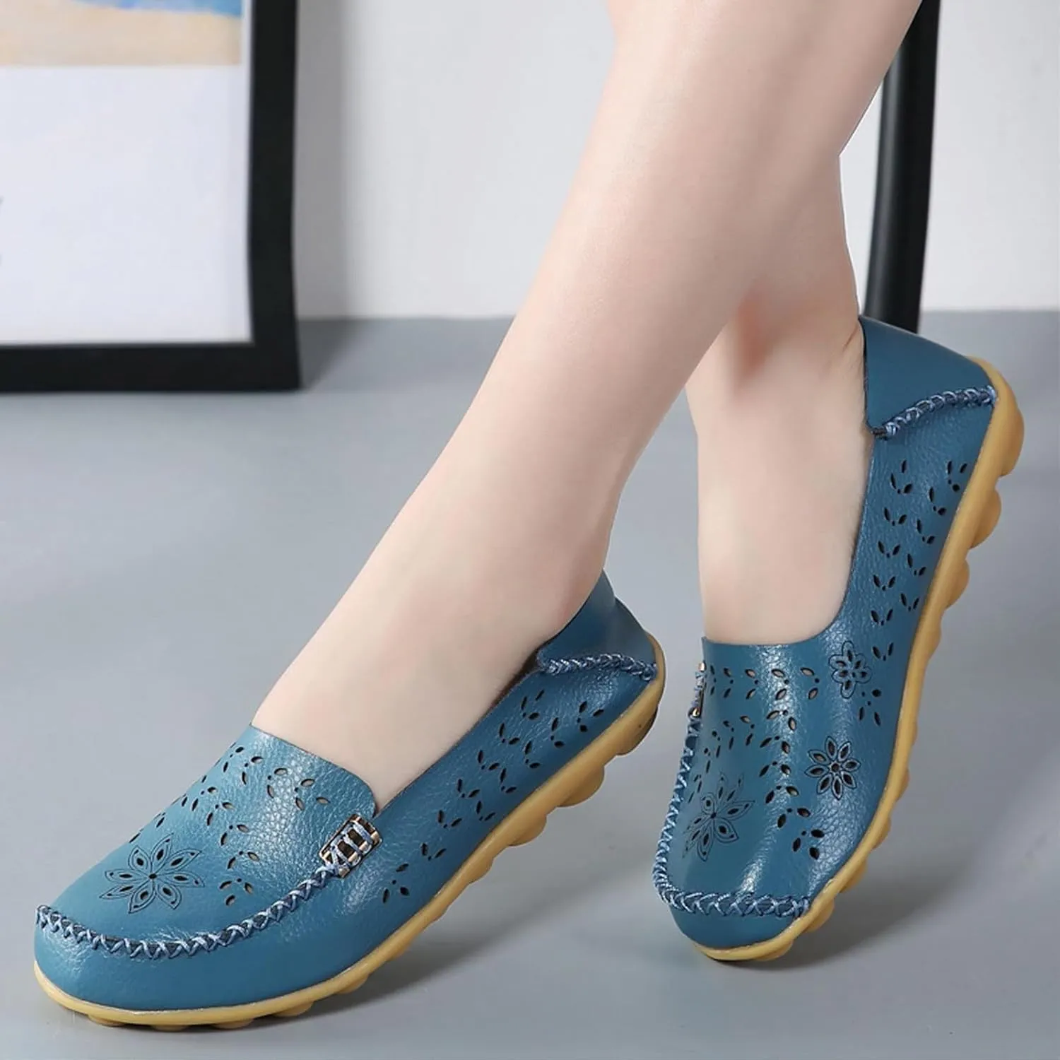 Womens Comfort Walking Cute Flat Loafer Ballet Flats Shoes Cute Penny Loafer Slip On Walking Driving Shoes with Diamond Eyelets