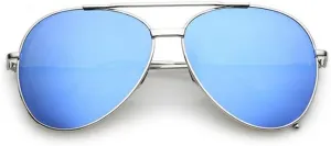 Women's Fame Mirrored Blue Flat Lens Aviator Sunglasses, Silver