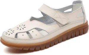 Women's Flat Sandals Rubber Outsole Leather Closed Toe Summer Breathable Adjustable Casual Shoes