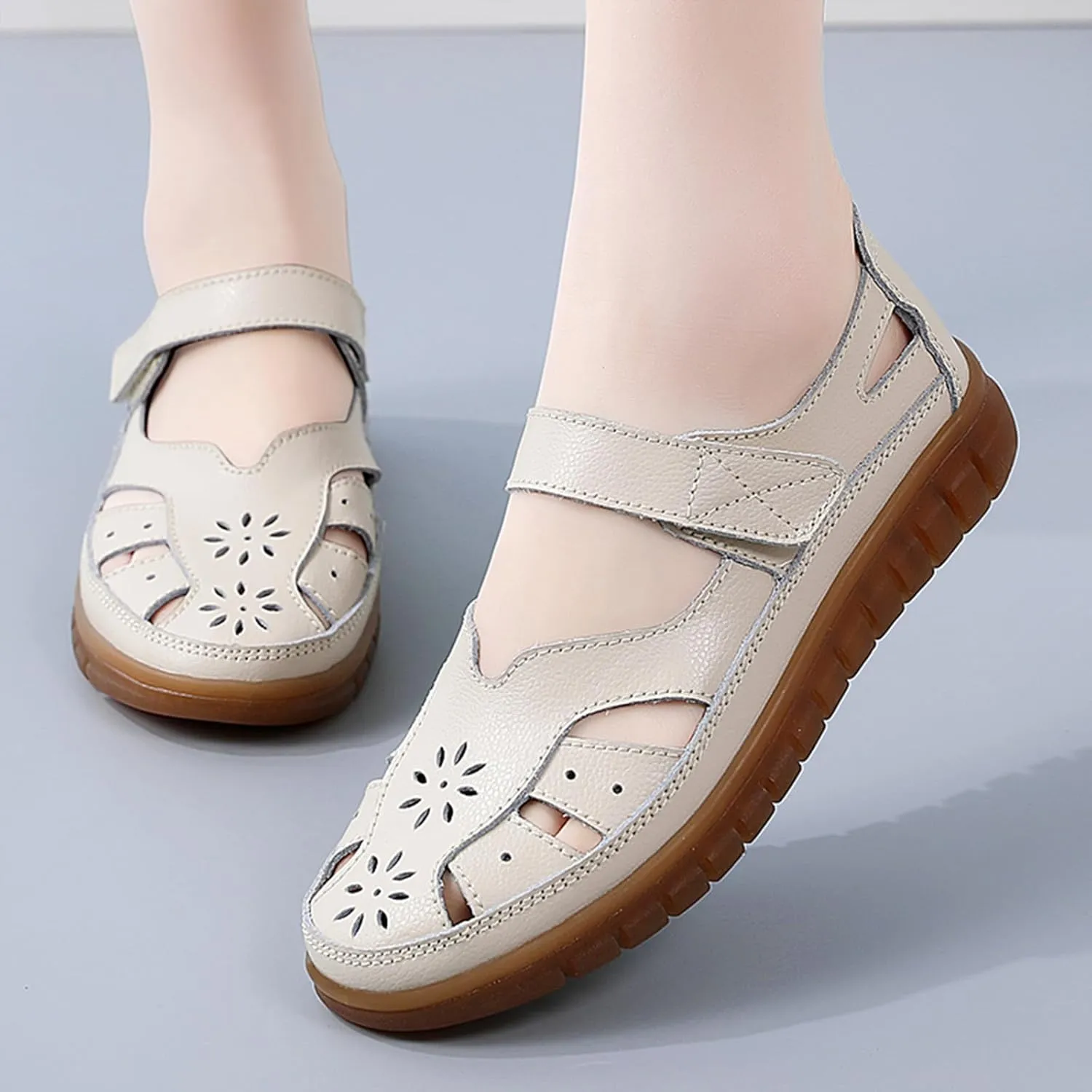 Women's Flat Sandals Rubber Outsole Leather Closed Toe Summer Breathable Adjustable Casual Shoes