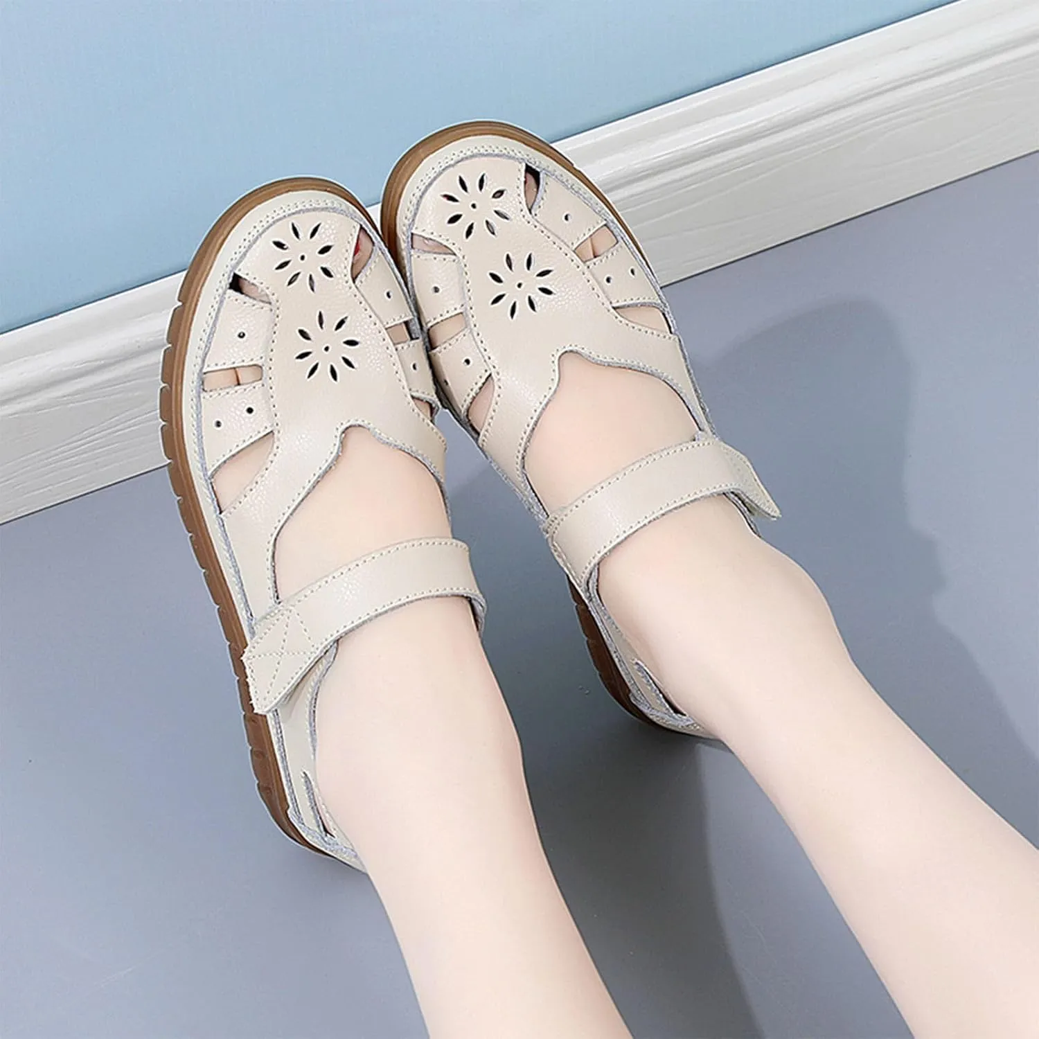 Women's Flat Sandals Rubber Outsole Leather Closed Toe Summer Breathable Adjustable Casual Shoes