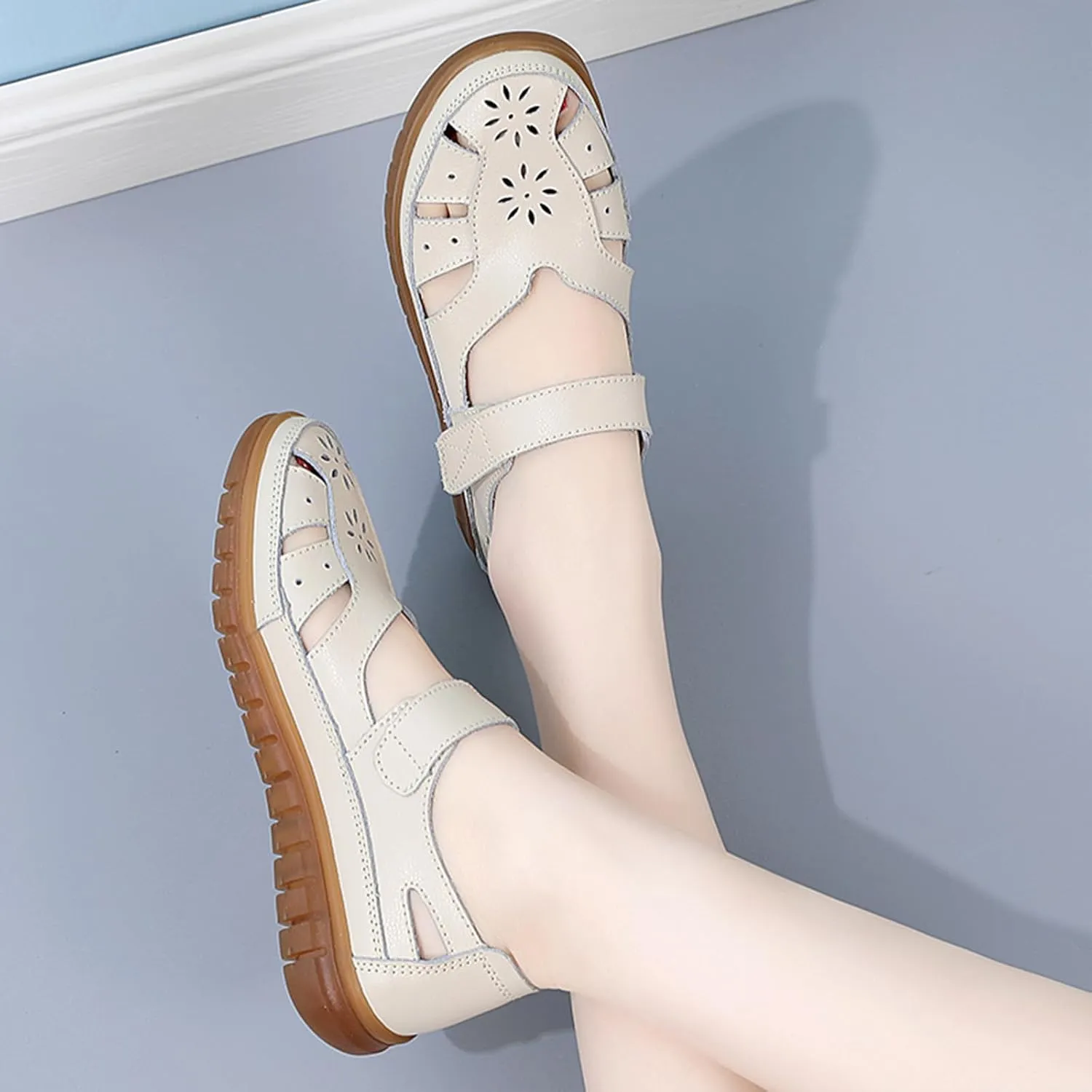Women's Flat Sandals Rubber Outsole Leather Closed Toe Summer Breathable Adjustable Casual Shoes