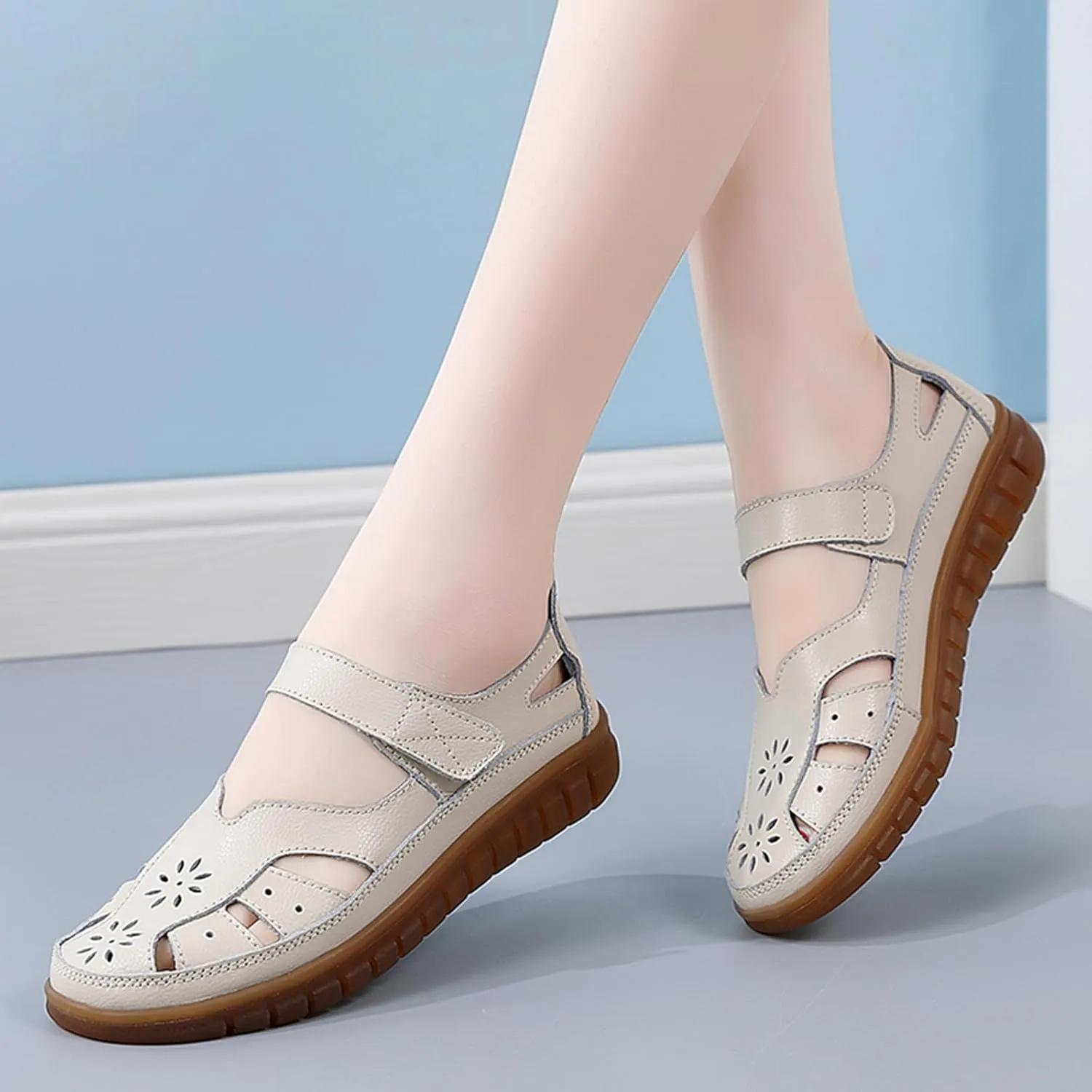 Women's Flat Sandals Rubber Outsole Leather Closed Toe Summer Breathable Adjustable Casual Shoes