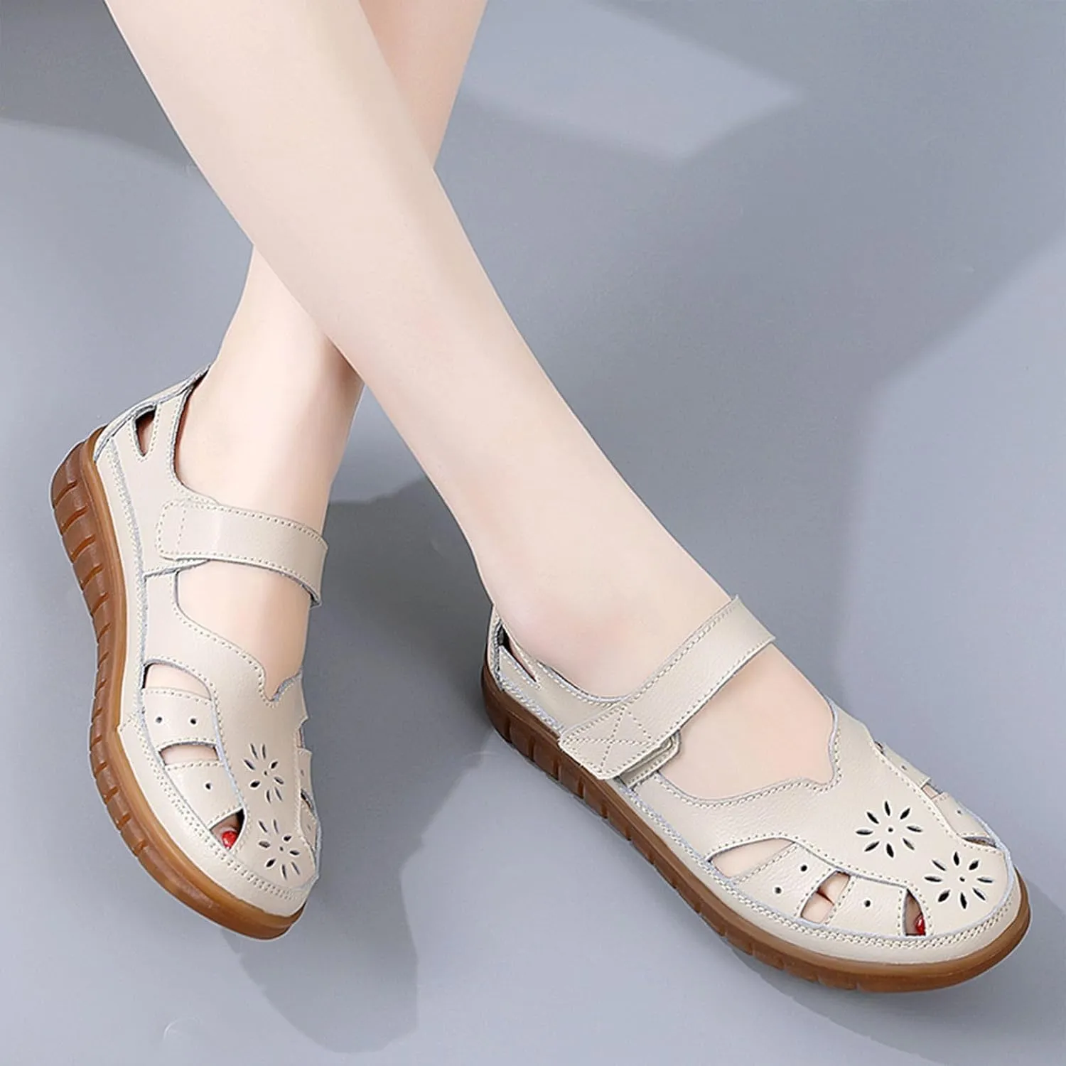 Women's Flat Sandals Rubber Outsole Leather Closed Toe Summer Breathable Adjustable Casual Shoes