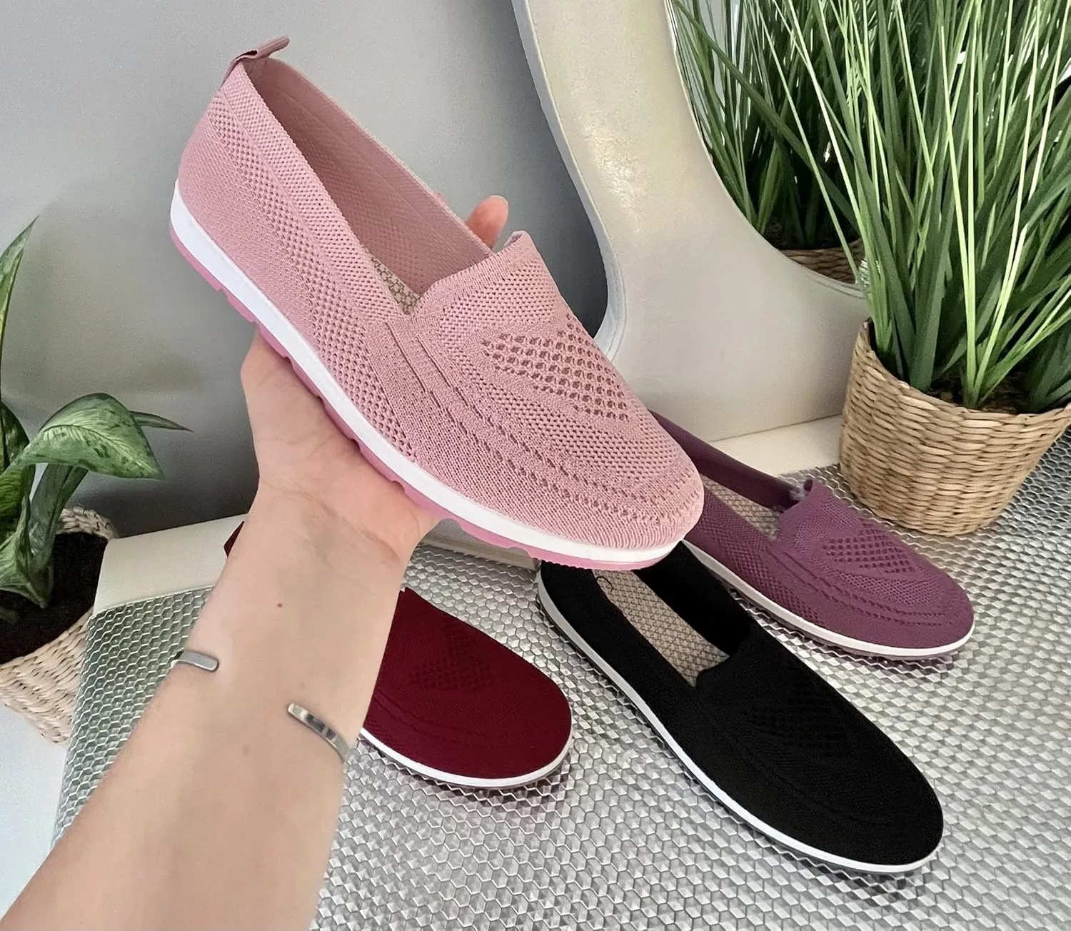 Women's Knitting Flat Shoes Walking Shoes Comfort Loafers Breathable Mesh Female Round Toe Black, Pink, Purple, Red