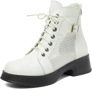 Women's Lace up Hollow Mesh Platform Ankle Boots With Buckle Fashion Round Toe Chunky Heel Soft Casual Summer Boots Wear-resistant Non-Slip Punk Short Booties