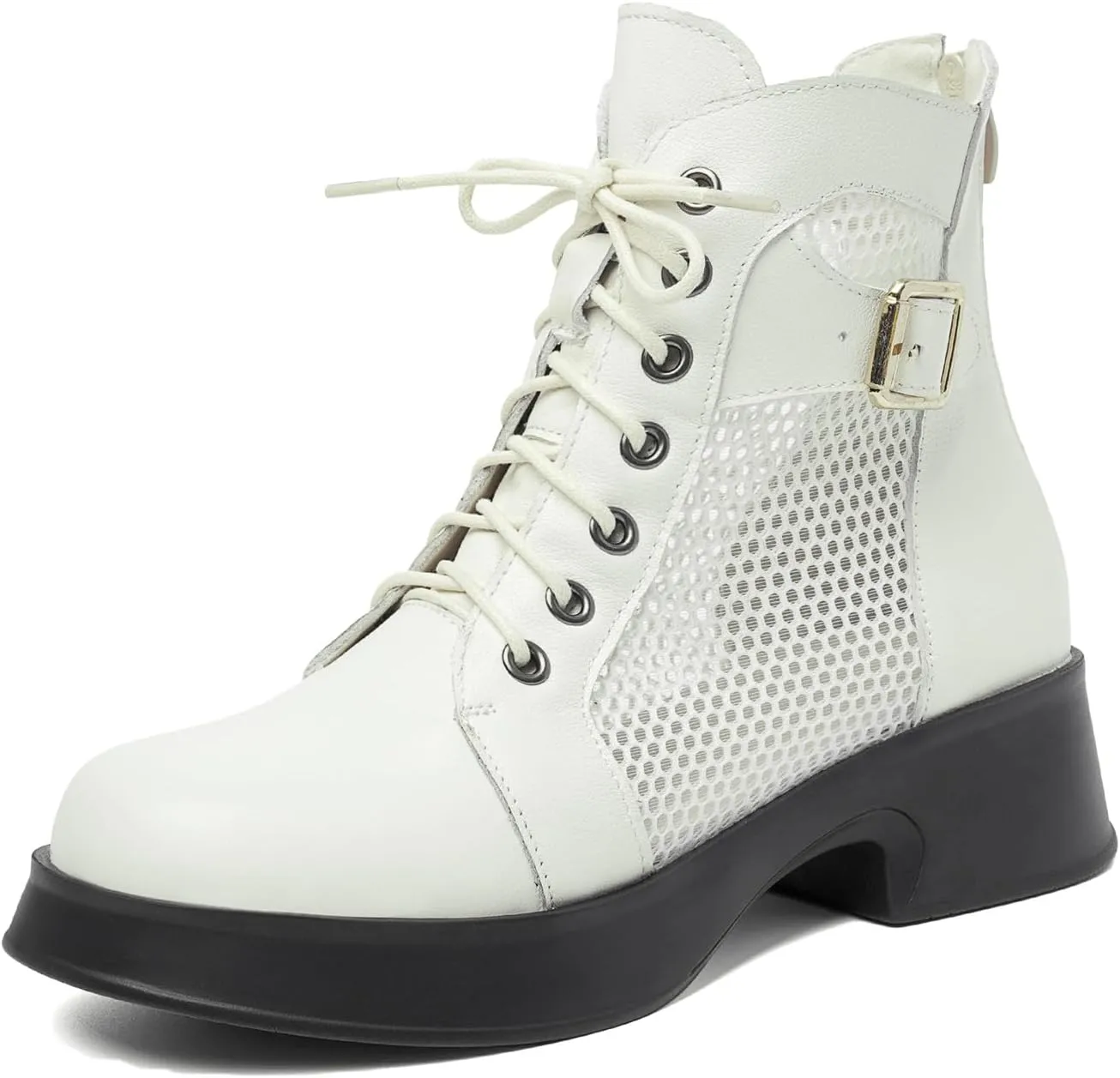 Women's Lace up Hollow Mesh Platform Ankle Boots With Buckle Fashion Round Toe Chunky Heel Soft Casual Summer Boots Wear-resistant Non-Slip Punk Short Booties