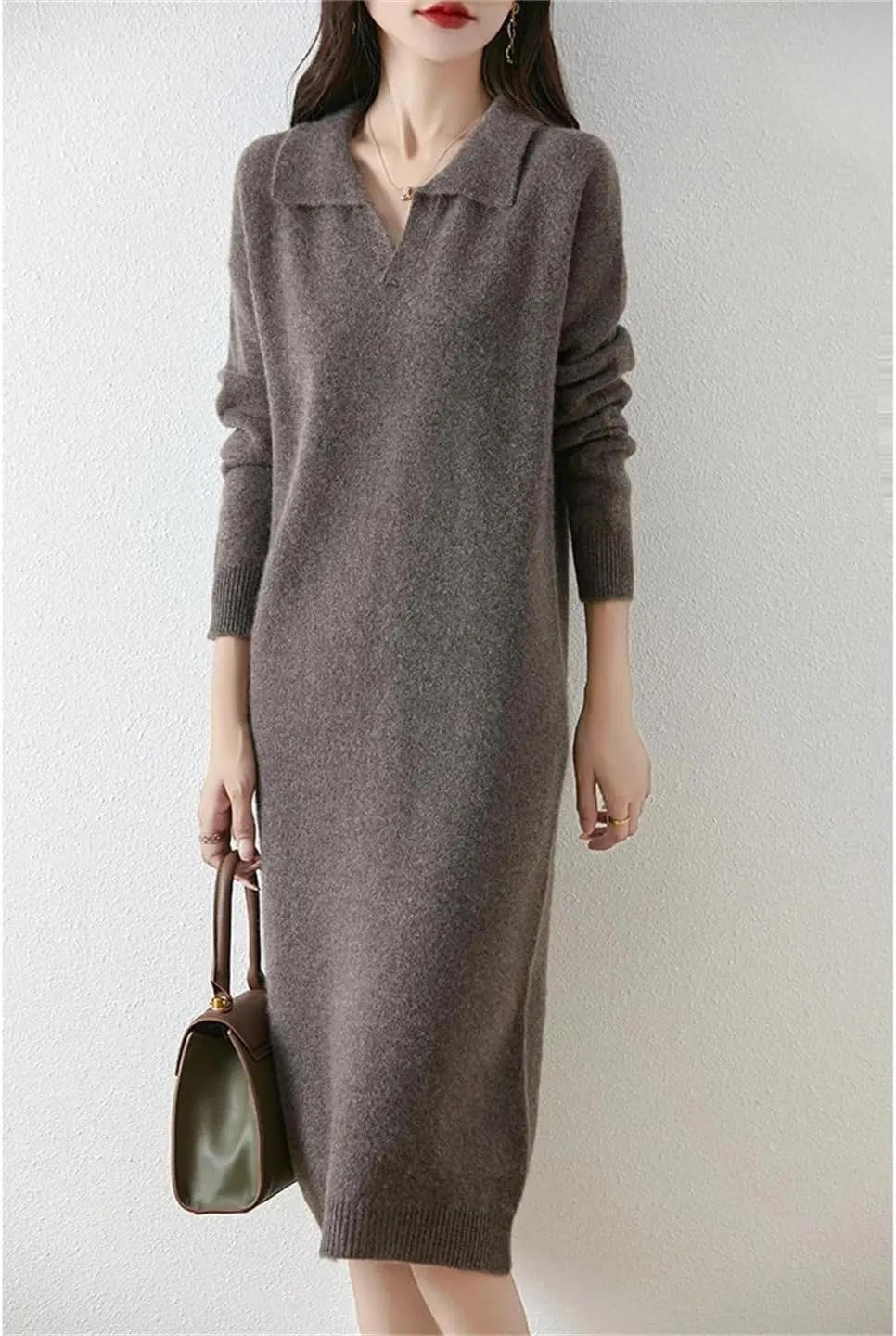 Women’S Lapel Wool Pullover Dress Mid-Calf Straight Knit Sweater Dresses