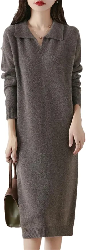 Women’S Lapel Wool Pullover Dress Mid-Calf Straight Knit Sweater Dresses