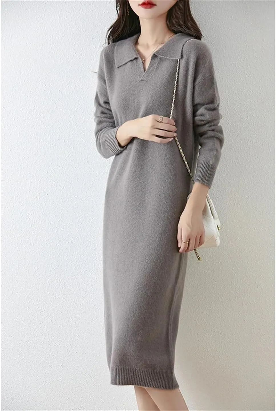 Women’S Lapel Wool Pullover Dress Mid-Calf Straight Knit Sweater Dresses