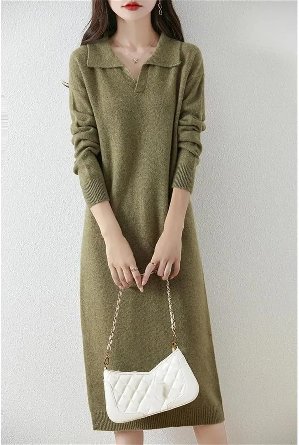 Women’S Lapel Wool Pullover Dress Mid-Calf Straight Knit Sweater Dresses