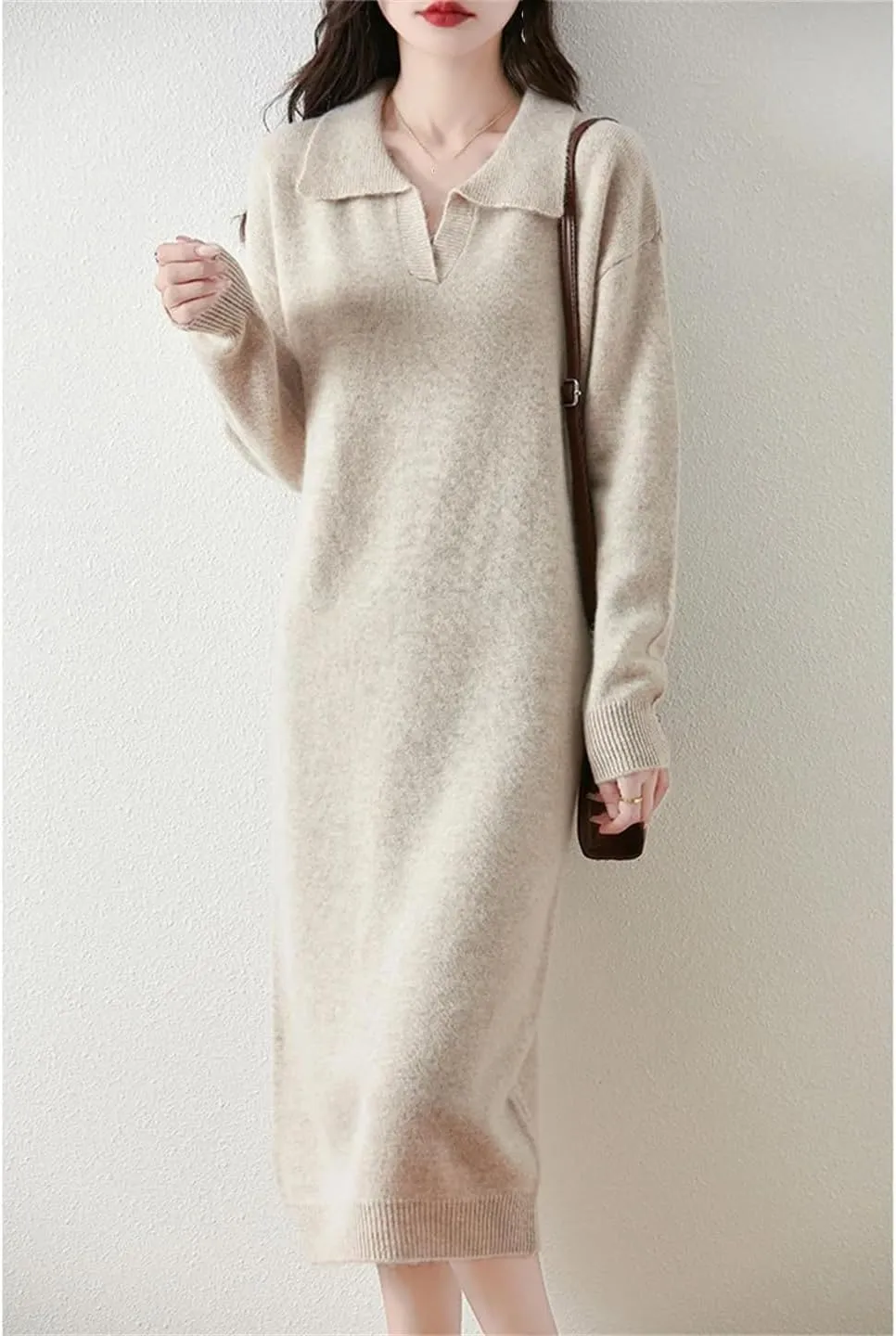 Women’S Lapel Wool Pullover Dress Mid-Calf Straight Knit Sweater Dresses