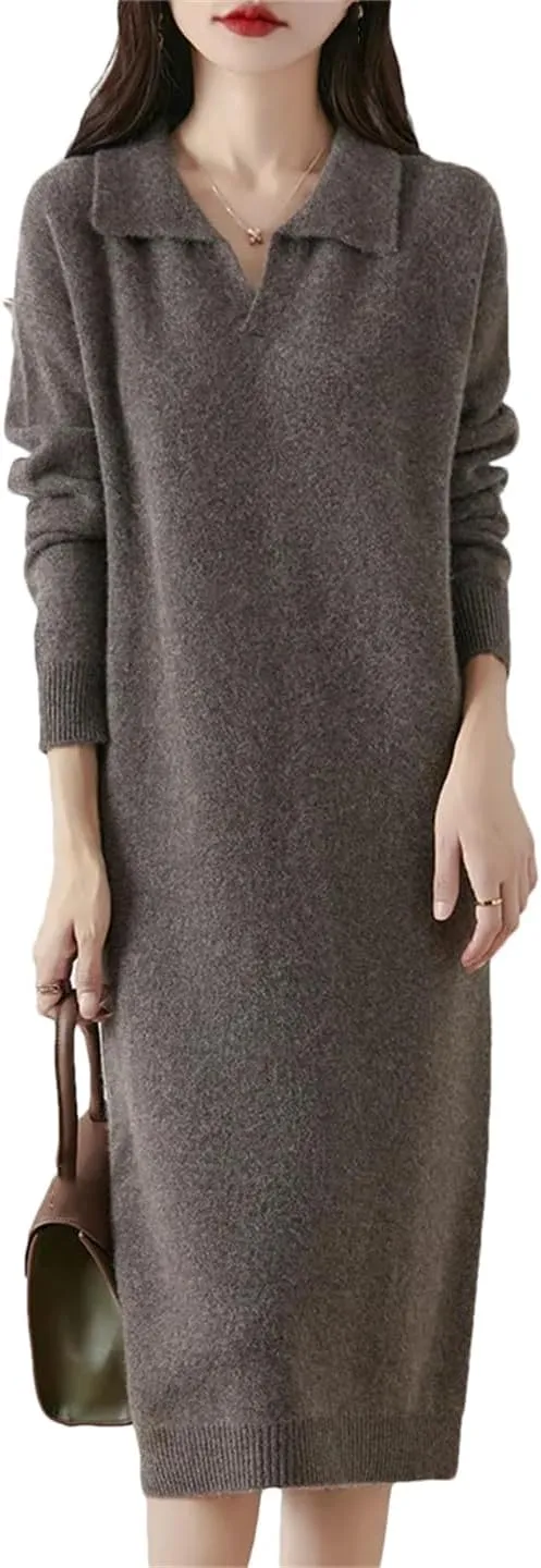Women’S Lapel Wool Pullover Dress Mid-Calf Straight Knit Sweater Dresses
