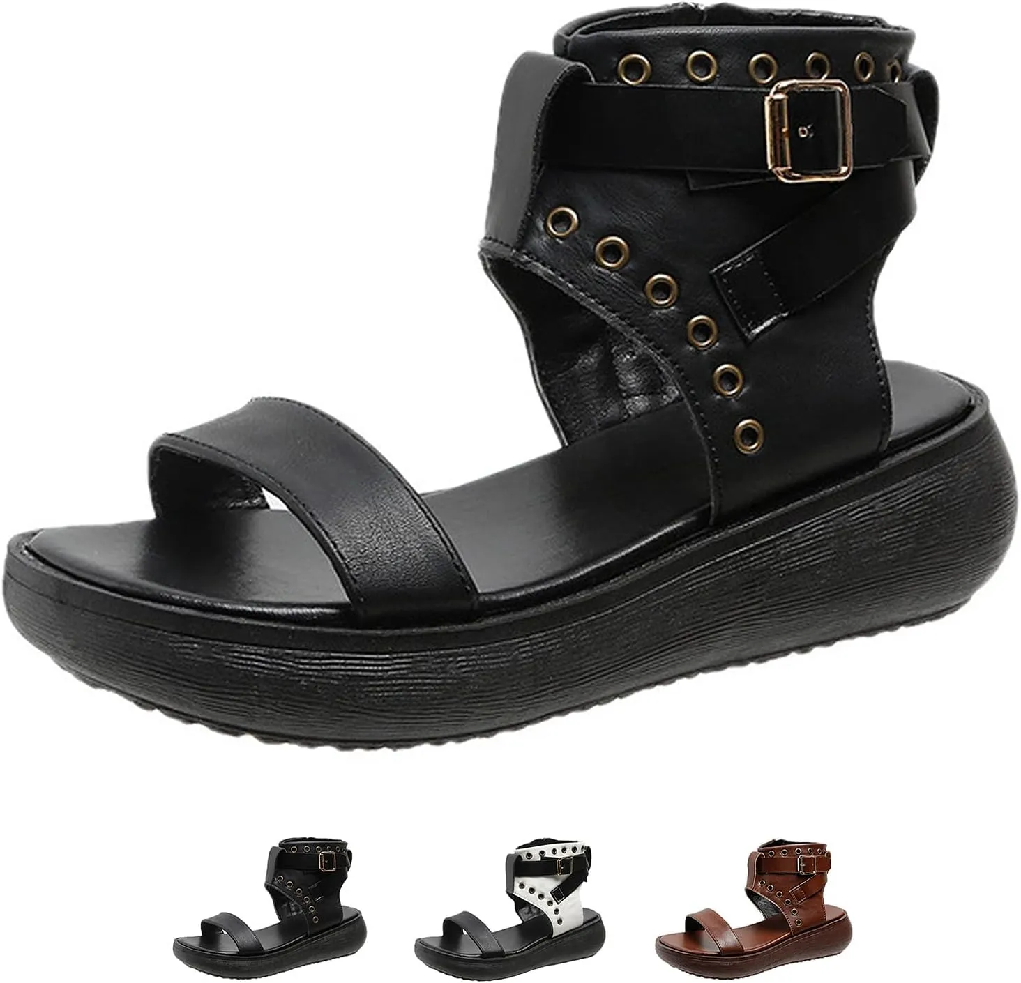Women's Leather Bands Platform High Top Roman Sandals with Adjustable Ankle Buckle Open Toe Breathable Casual Fashion Gothic Sandals