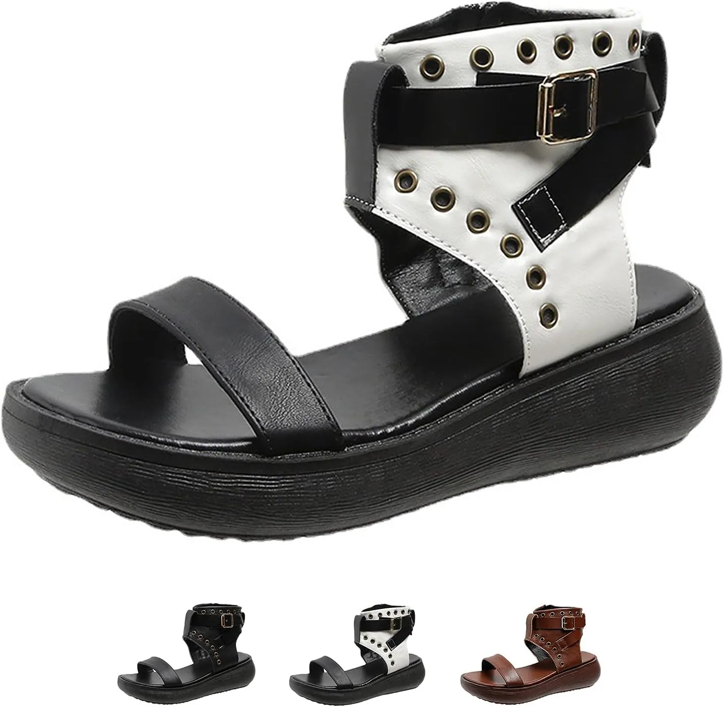 Women's Leather Bands Platform High Top Roman Sandals with Adjustable Ankle Buckle Open Toe Breathable Casual Fashion Gothic Sandals