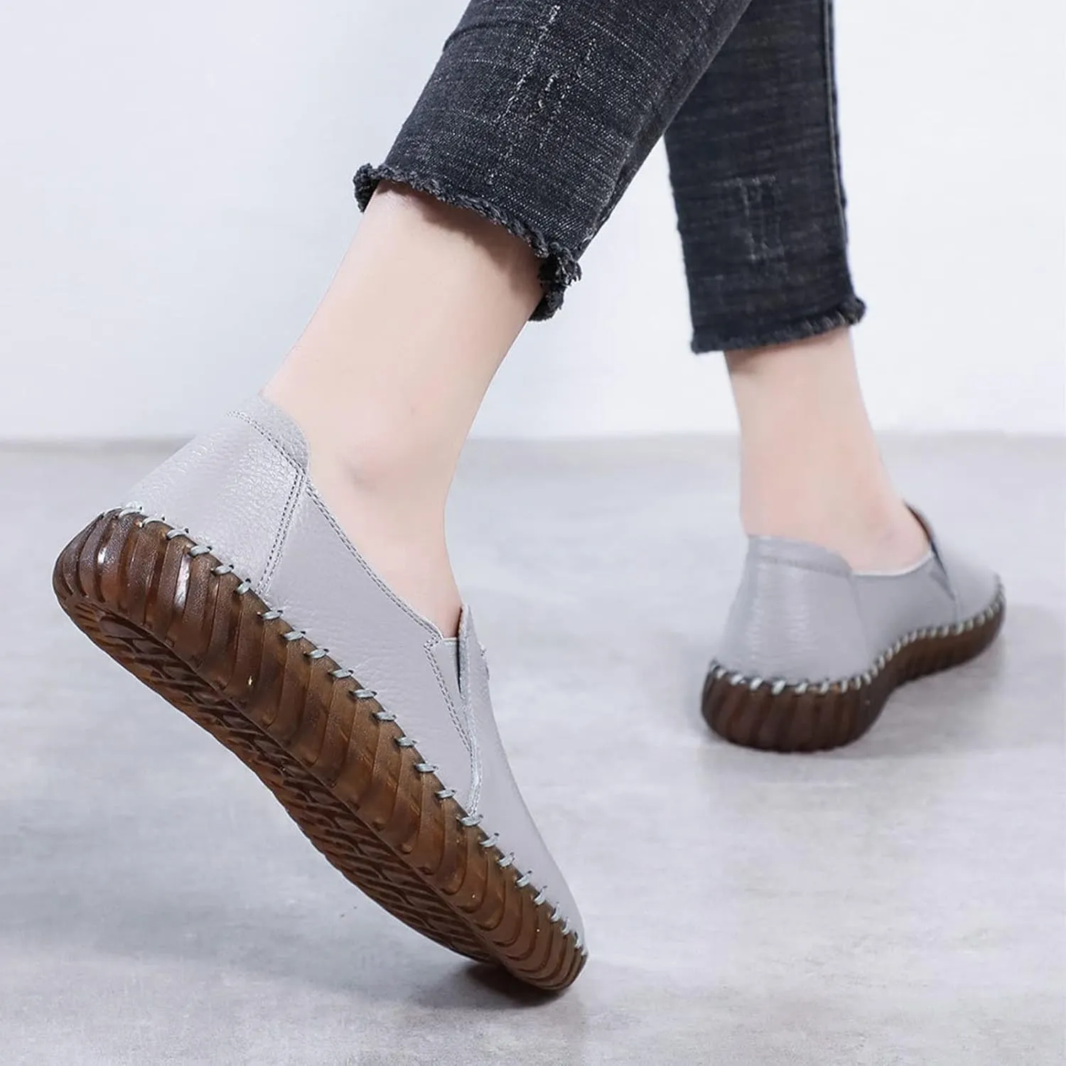 Women's Leather Casual Cutout Loafers Flat Slip-on Shoes,Handmade Stitch Comfort Breathable Oxford Softsole Walking