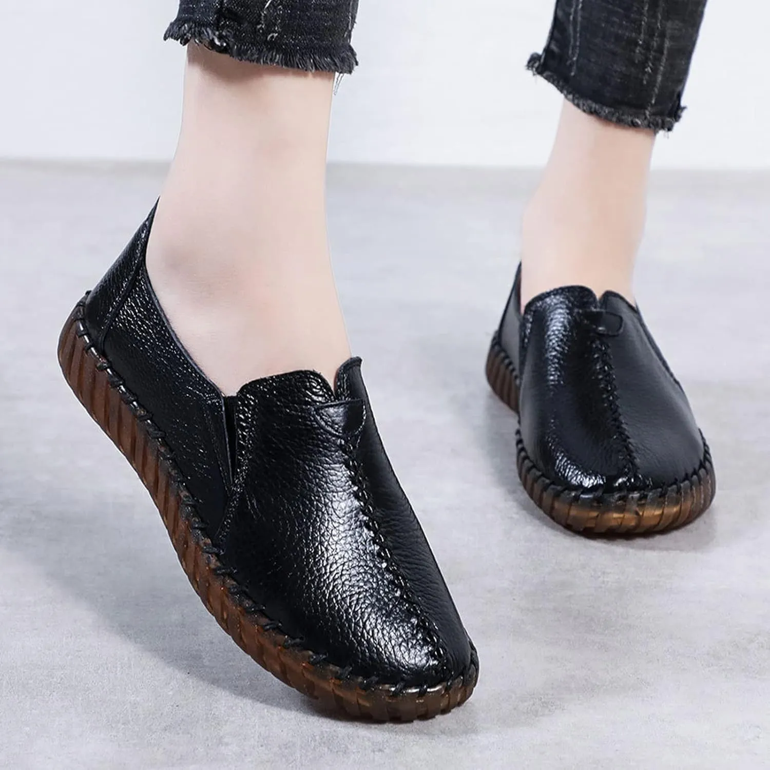 Women's Leather Casual Cutout Loafers Flat Slip-on Shoes,Handmade Stitch Comfort Breathable Oxford Softsole Walking