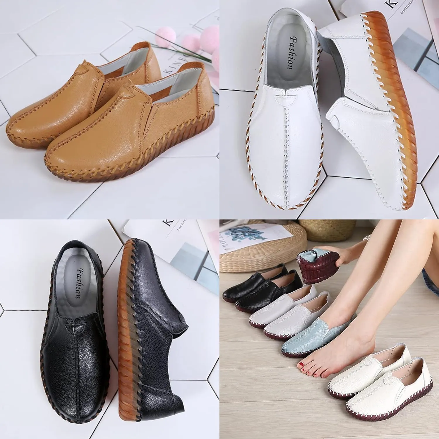 Women's Leather Casual Cutout Loafers Flat Slip-on Shoes,Handmade Stitch Comfort Breathable Oxford Softsole Walking