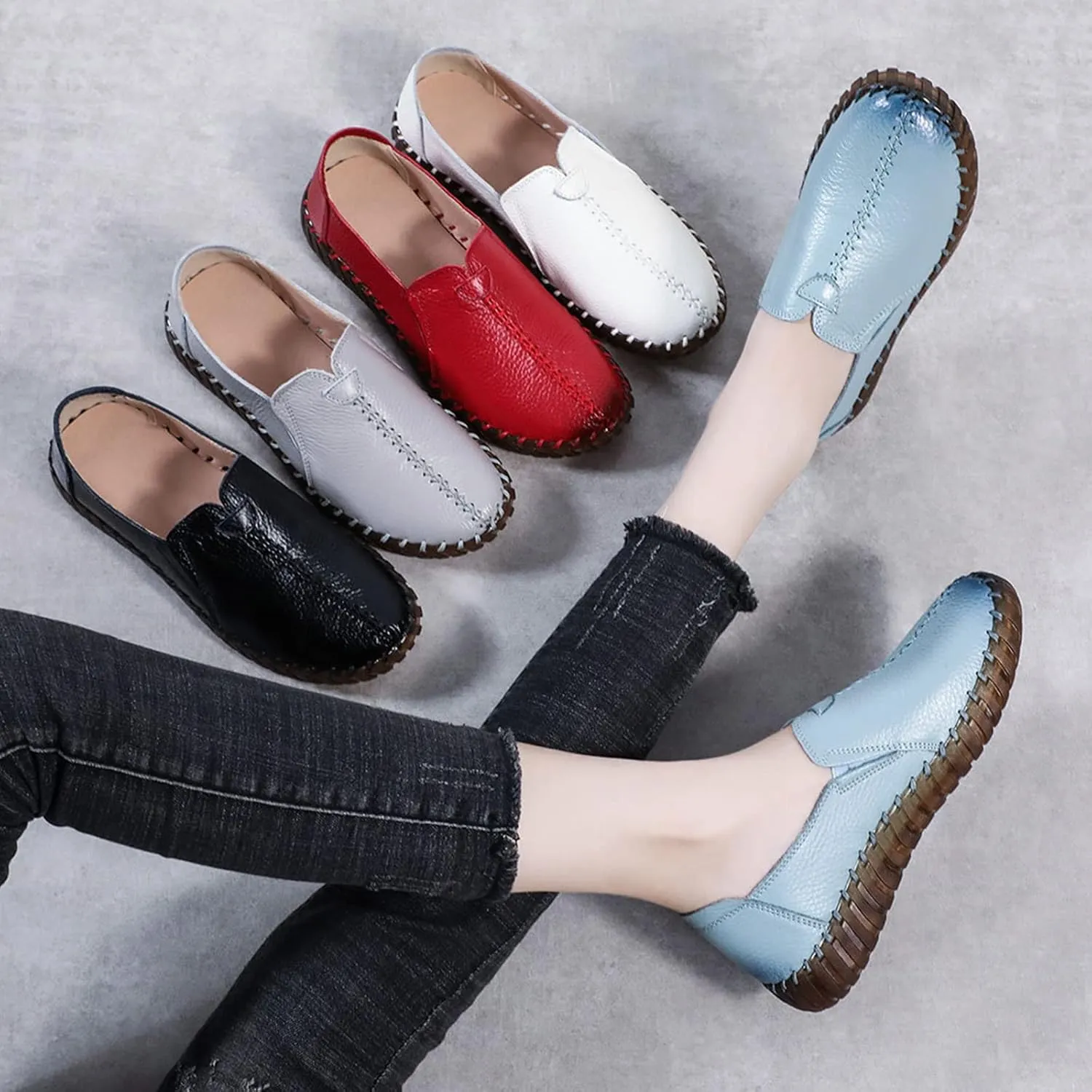 Women's Leather Casual Cutout Loafers Flat Slip-on Shoes,Handmade Stitch Comfort Breathable Oxford Softsole Walking