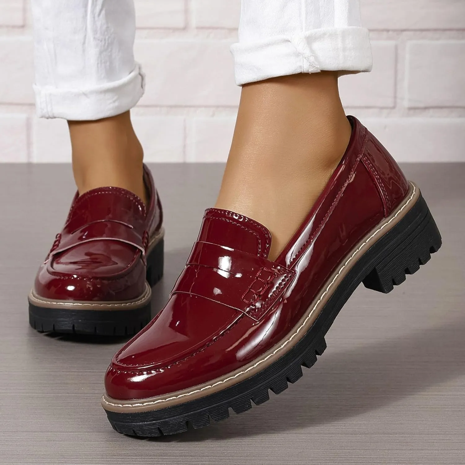 Womens Loafers Comfortable Platform Penny Loafer Chunky Heel Business Casual Dress Shoes 2024 Fashion Patent Leather Women's Loafers & Slip-ons