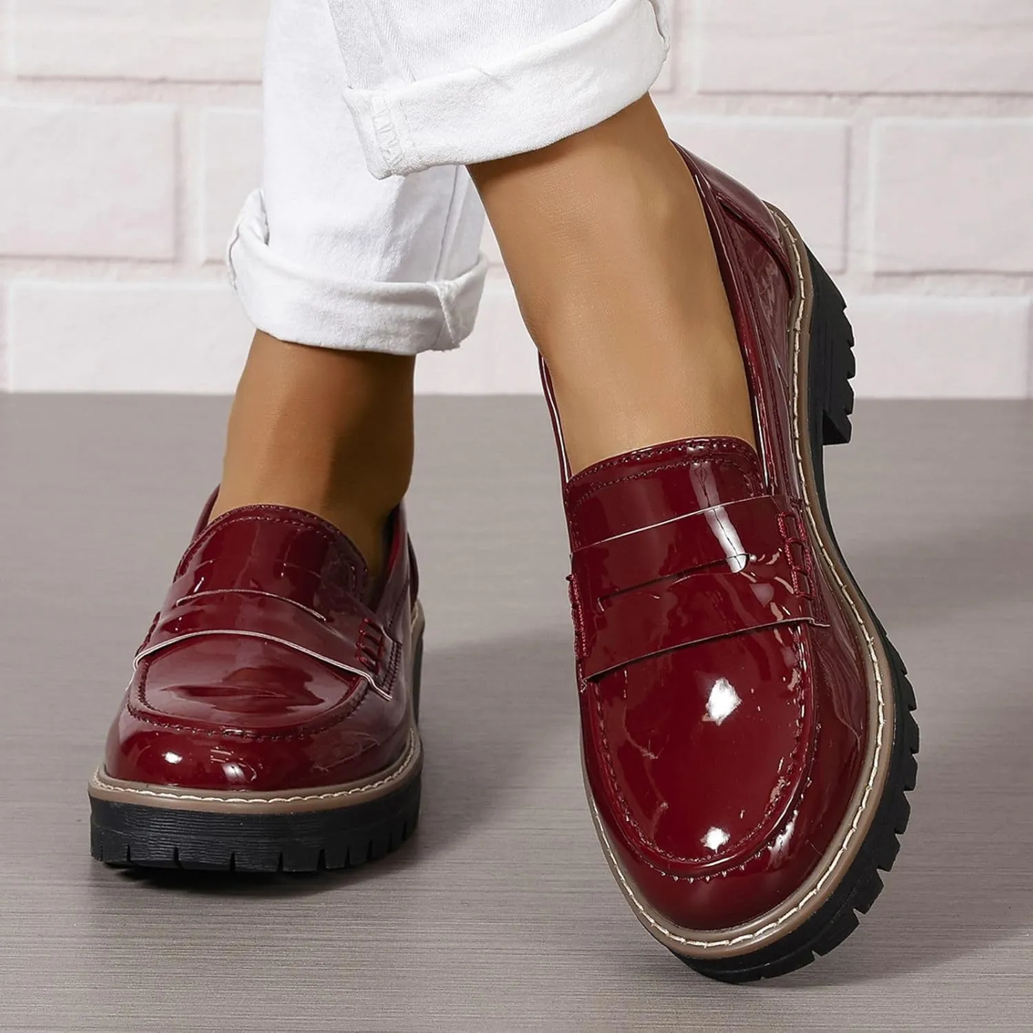 Womens Loafers Comfortable Platform Penny Loafer Chunky Heel Business Casual Dress Shoes 2024 Fashion Patent Leather Women's Loafers & Slip-ons