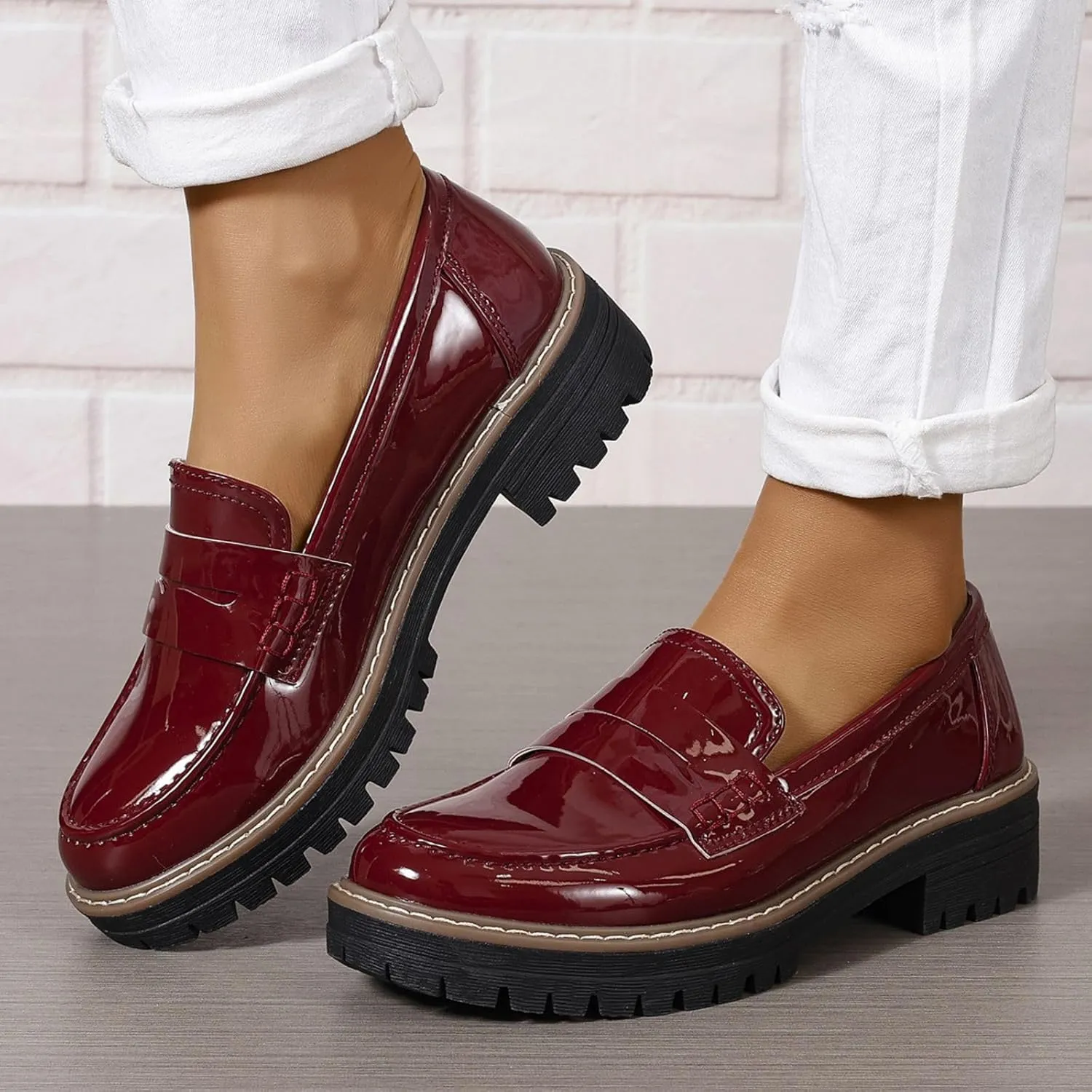 Womens Loafers Comfortable Platform Penny Loafer Chunky Heel Business Casual Dress Shoes 2024 Fashion Patent Leather Women's Loafers & Slip-ons