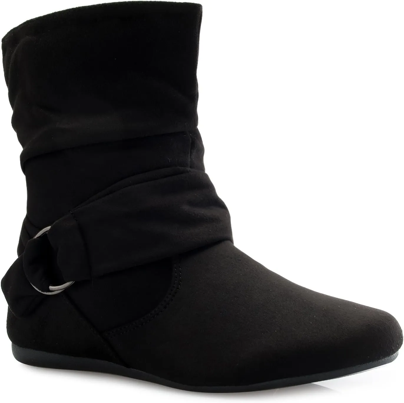 Womens Low Heel Slouch Suede Slip On Casual Ankle Boots with Ring Buckle and Side Zipper