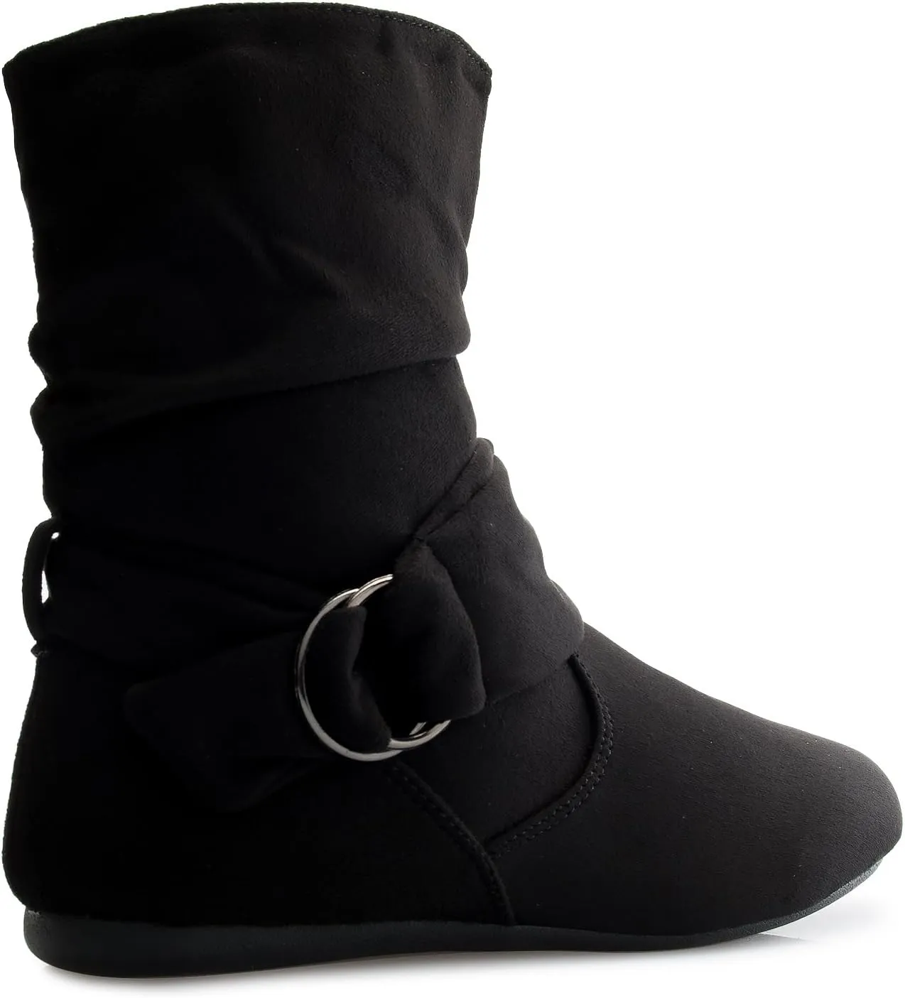 Womens Low Heel Slouch Suede Slip On Casual Ankle Boots with Ring Buckle and Side Zipper