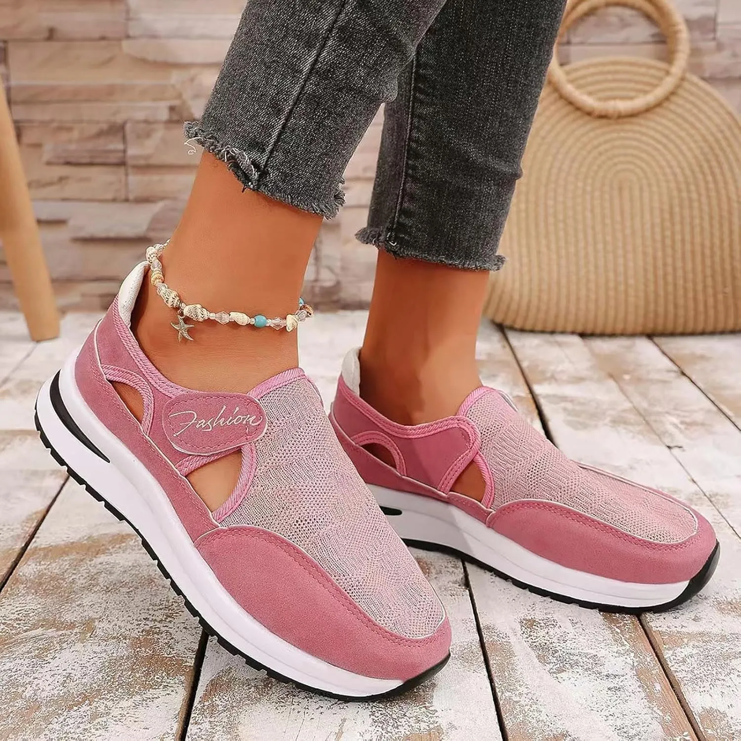 Women's Orthopedic Shoes, Casual Breathable Mesh Flat Sneakers, Low Cut Slip On Casual Summer Fashion Platform Walking Shoes