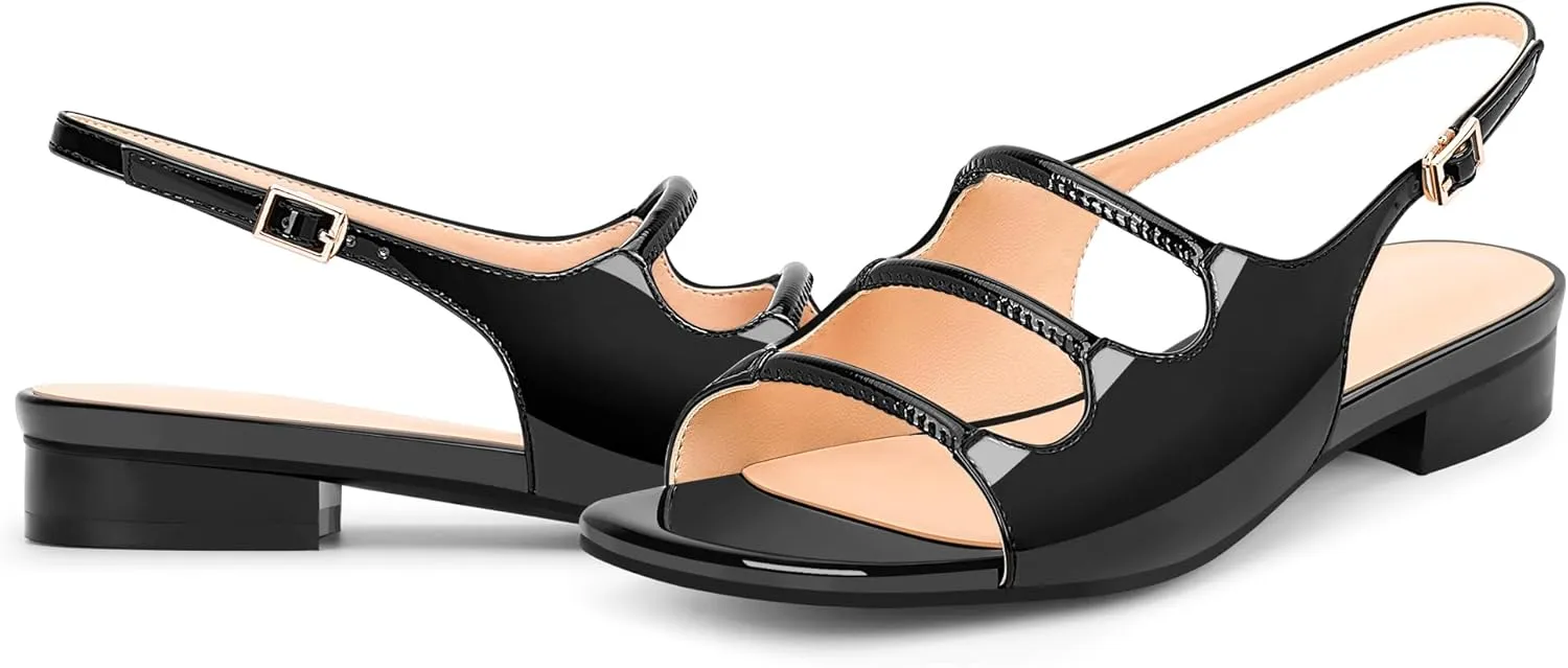 Women's Slingback Flat Sandals Low Heel Square Toe Patent Leather Comfort Summer Shoes