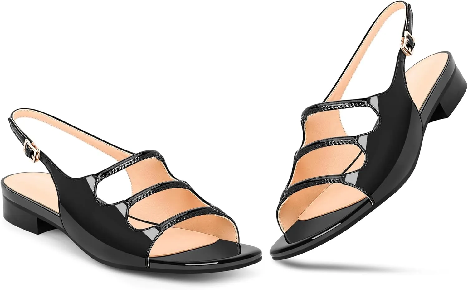 Women's Slingback Flat Sandals Low Heel Square Toe Patent Leather Comfort Summer Shoes