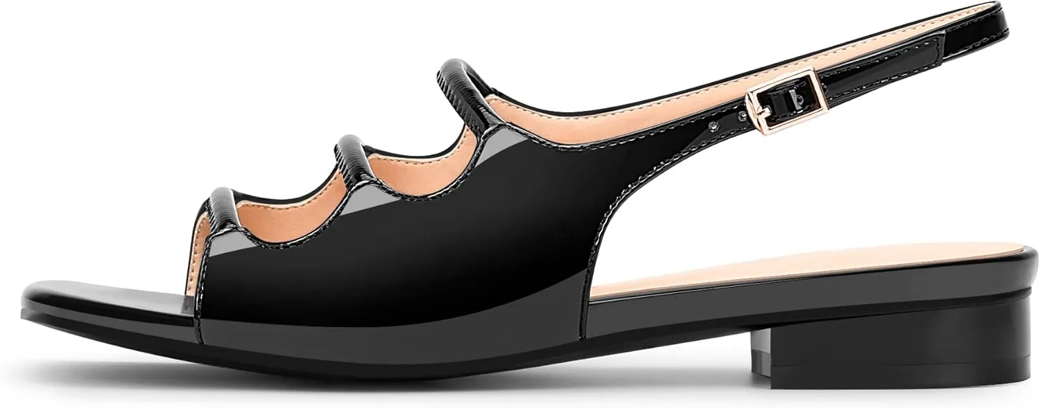 Women's Slingback Flat Sandals Low Heel Square Toe Patent Leather Comfort Summer Shoes