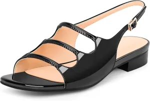 Women's Slingback Flat Sandals Low Heel Square Toe Patent Leather Comfort Summer Shoes