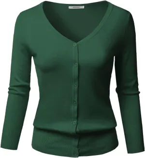 Women's Solid Button Down V-Neck 3/4 Sleeves Knit Cardigan