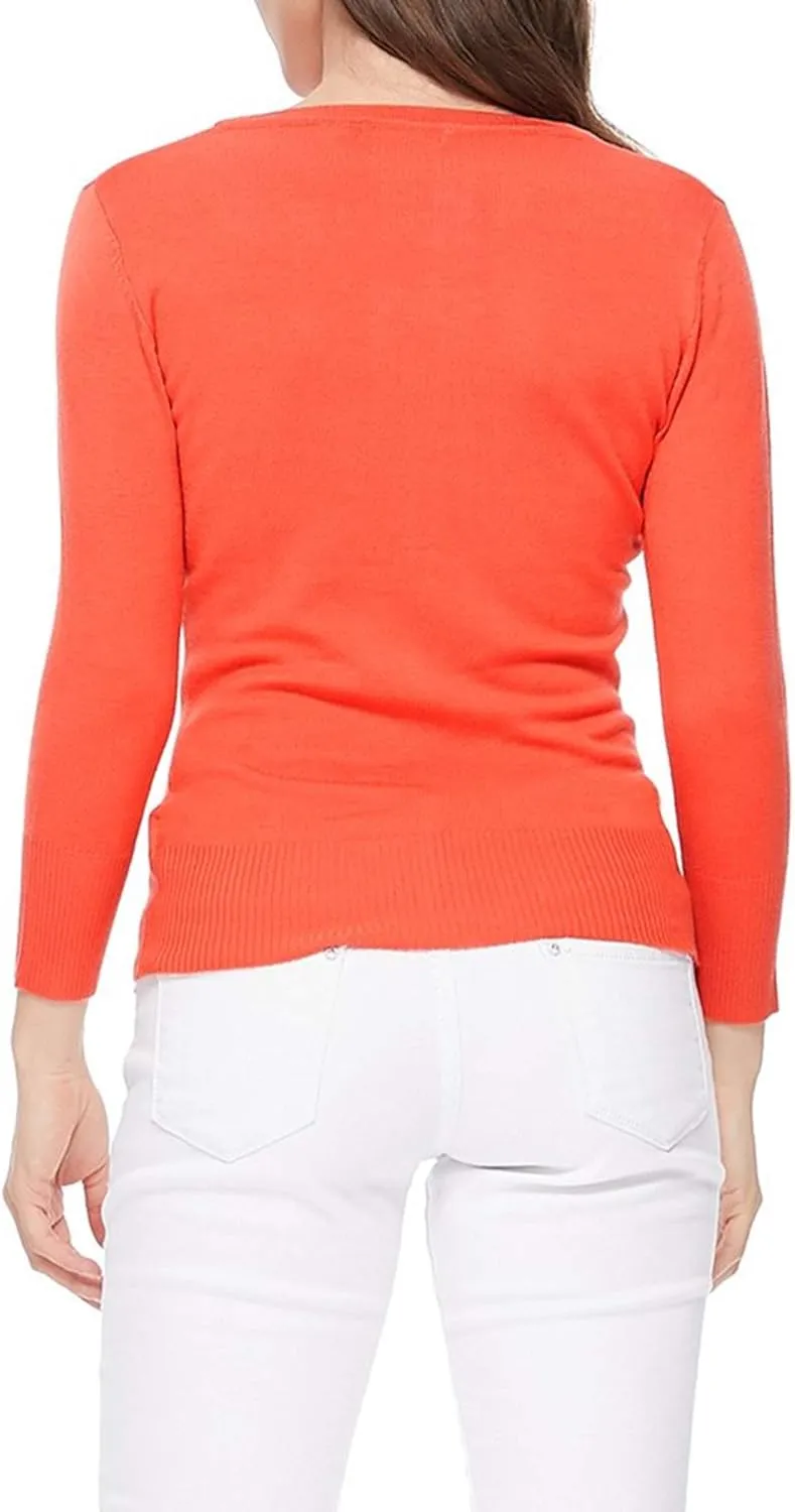 Women's Solid Button Down V-Neck 3/4 Sleeves Knit Cardigan