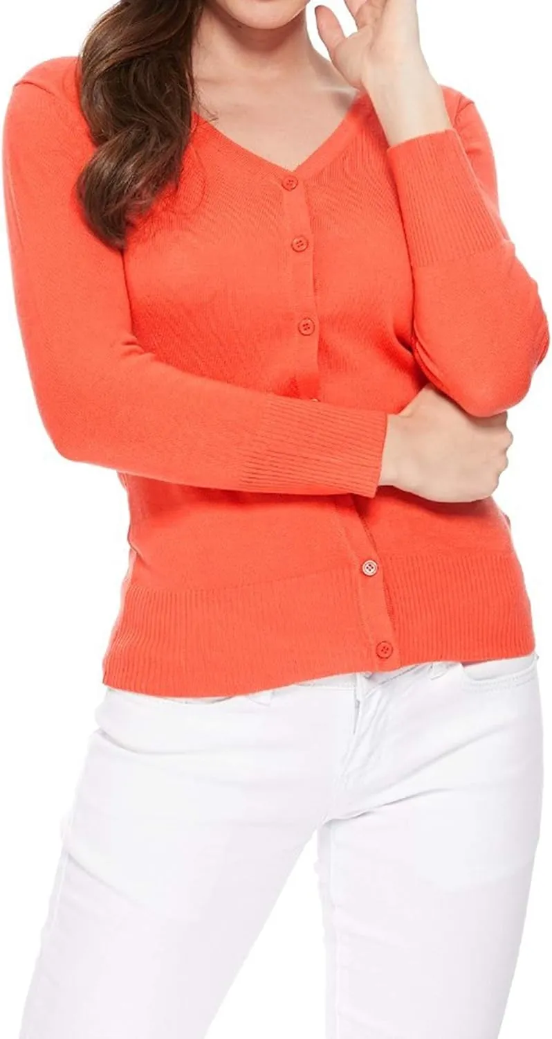 Women's Solid Button Down V-Neck 3/4 Sleeves Knit Cardigan
