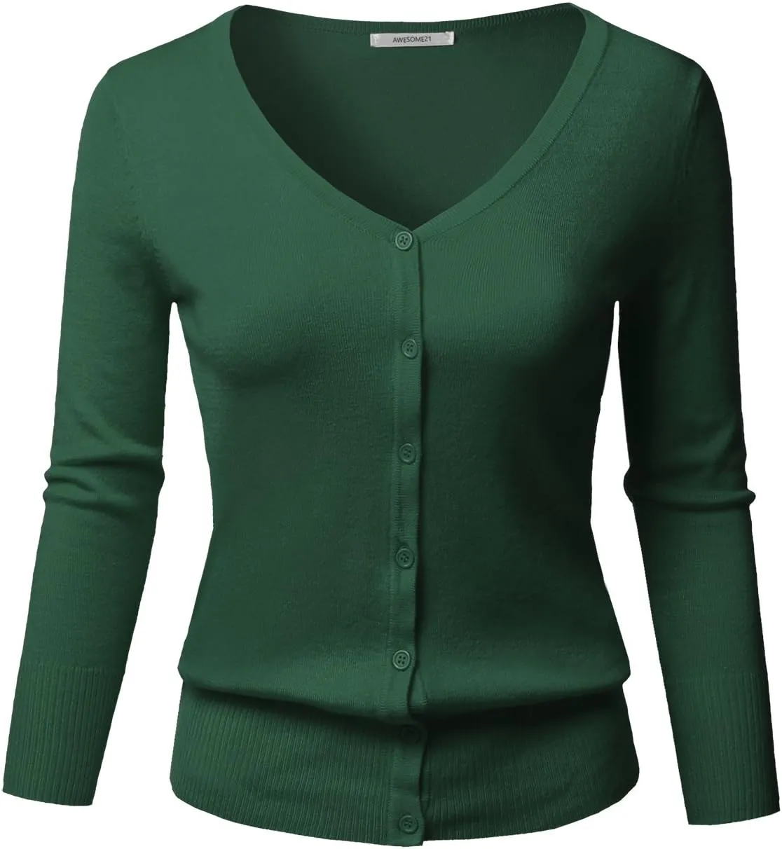 Women's Solid Button Down V-Neck 3/4 Sleeves Knit Cardigan