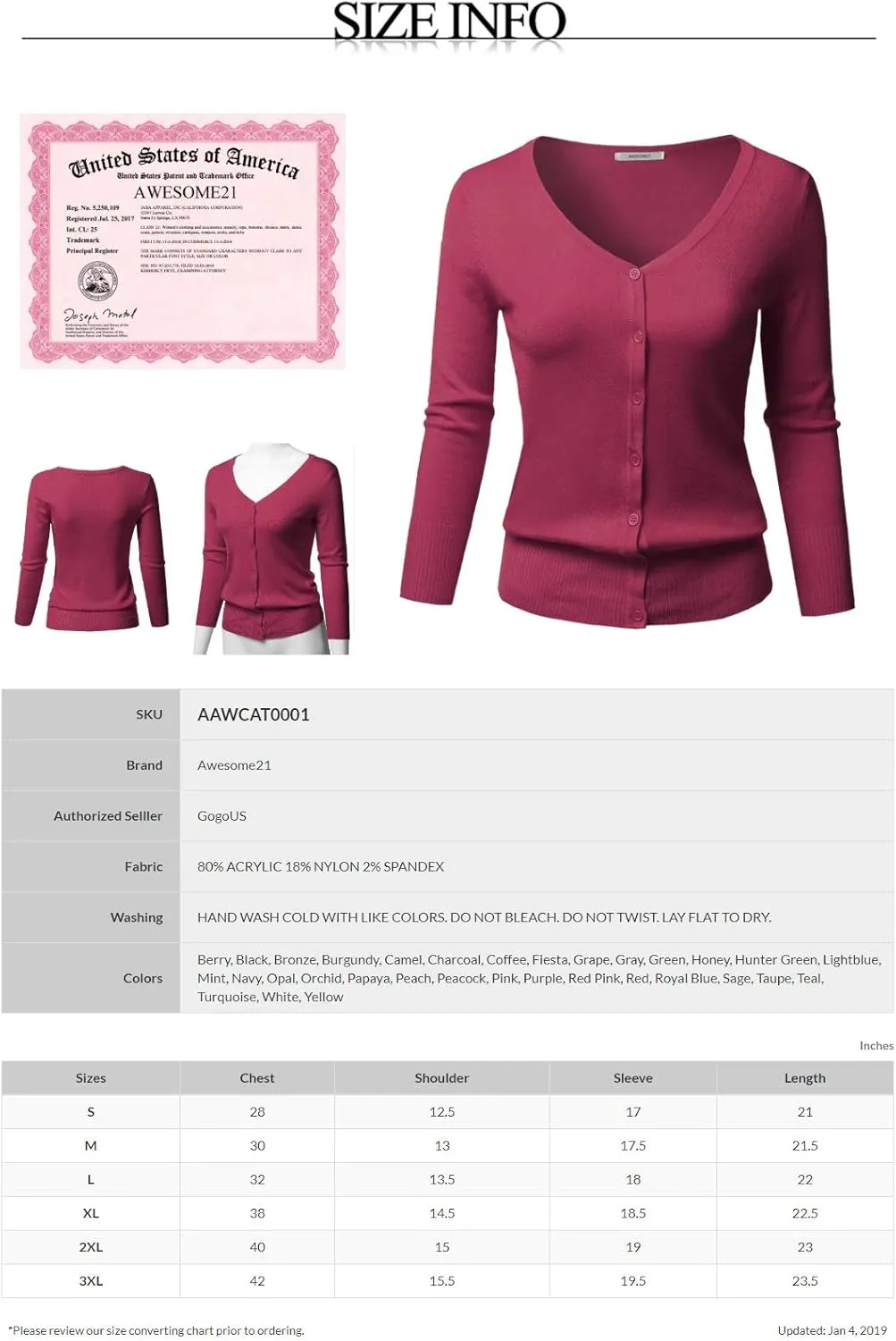 Women's Solid Button Down V-Neck 3/4 Sleeves Knit Cardigan