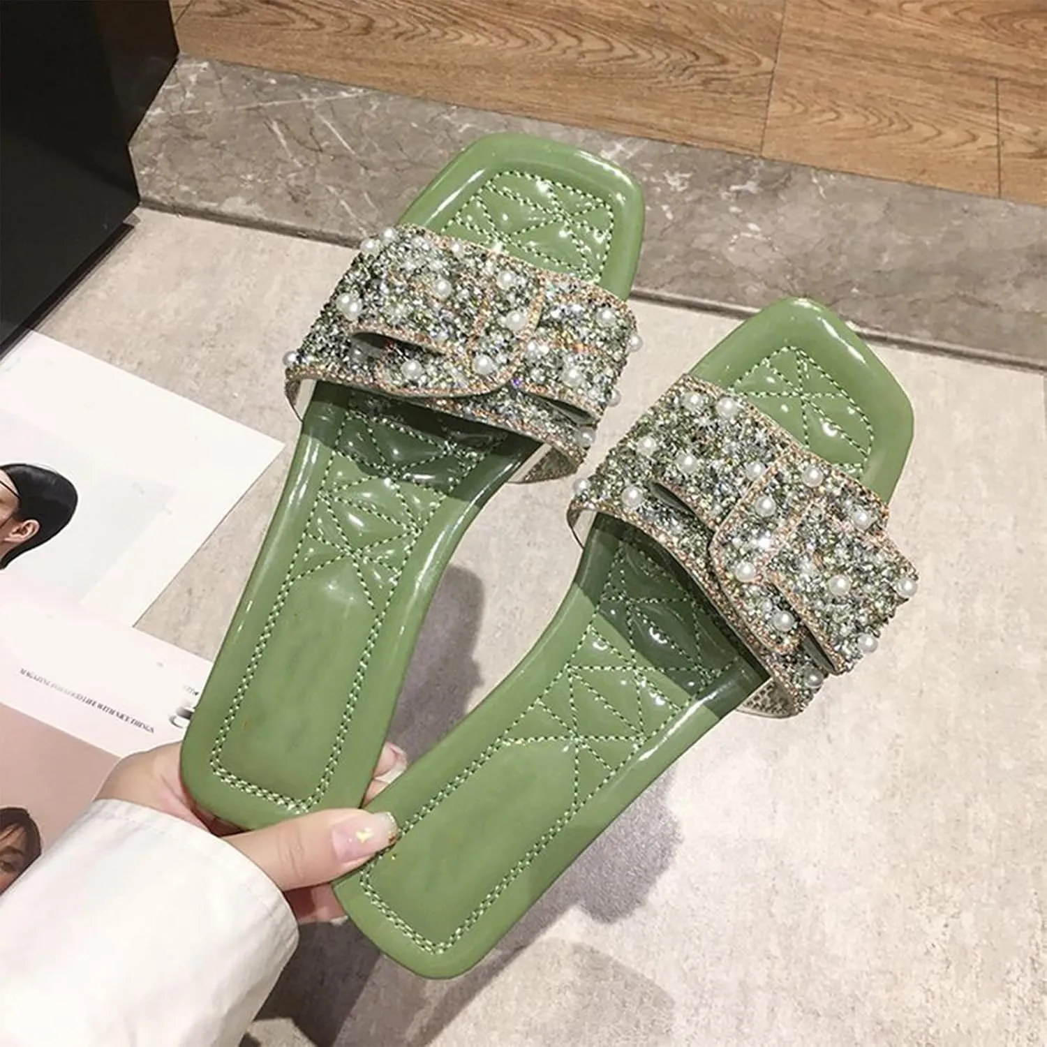 Women's Sparkle Pearl Square Open Toe Flat Sandals Dressy with Rhinestone Slip On Slippers Summer Casual Shoes