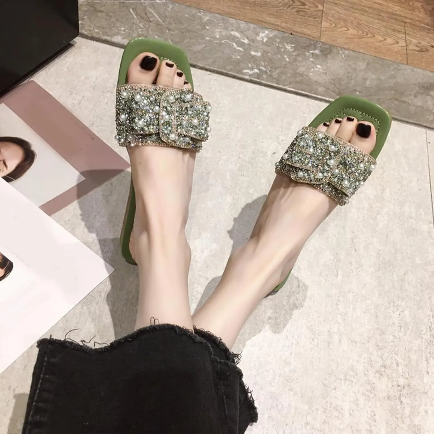 Women's Sparkle Pearl Square Open Toe Flat Sandals Dressy with Rhinestone Slip On Slippers Summer Casual Shoes