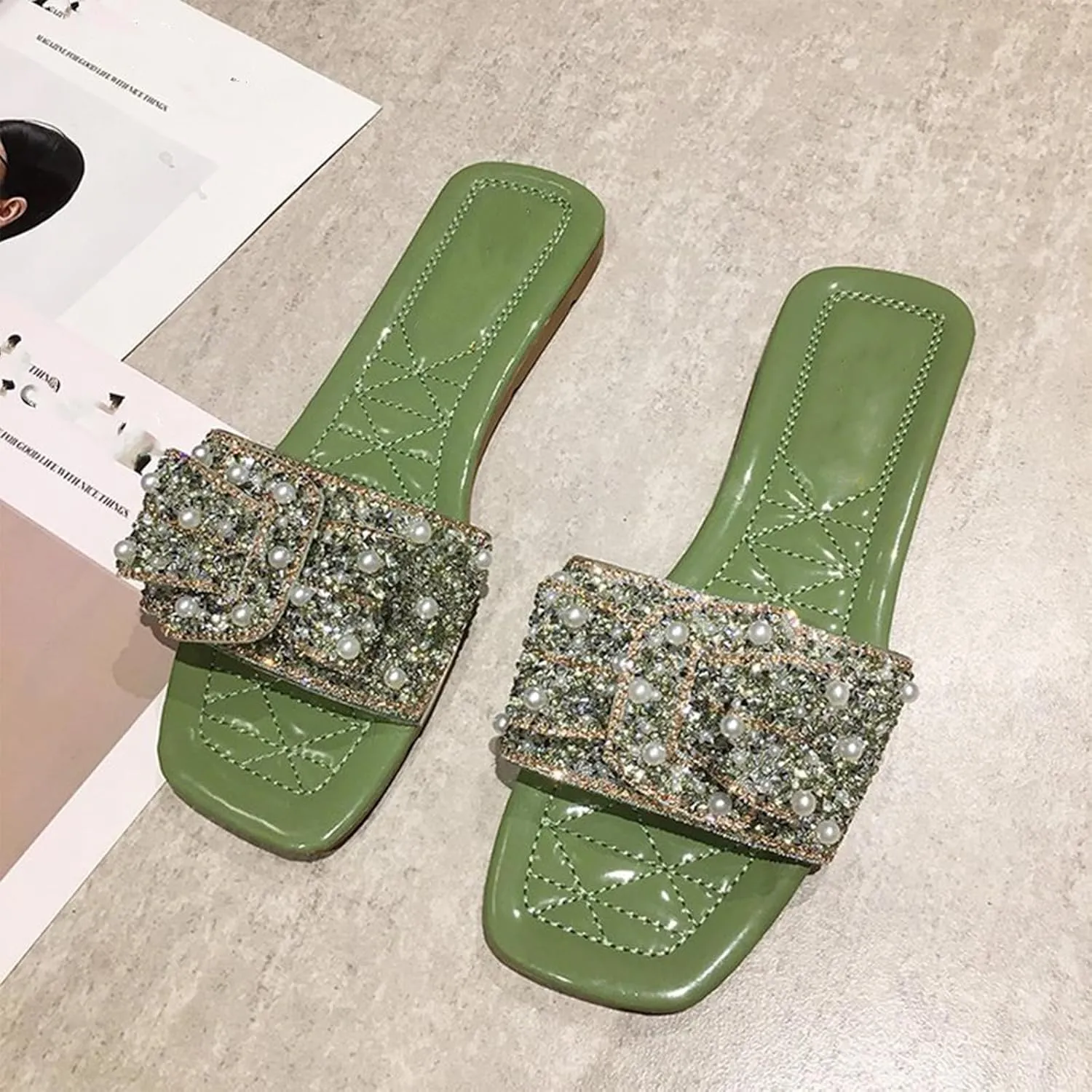 Women's Sparkle Pearl Square Open Toe Flat Sandals Dressy with Rhinestone Slip On Slippers Summer Casual Shoes