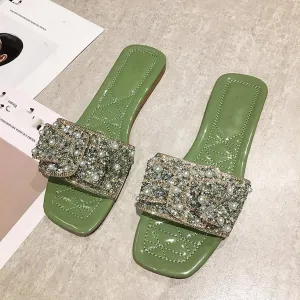 Women's Sparkle Pearl Square Open Toe Flat Sandals Dressy with Rhinestone Slip On Slippers Summer Casual Shoes