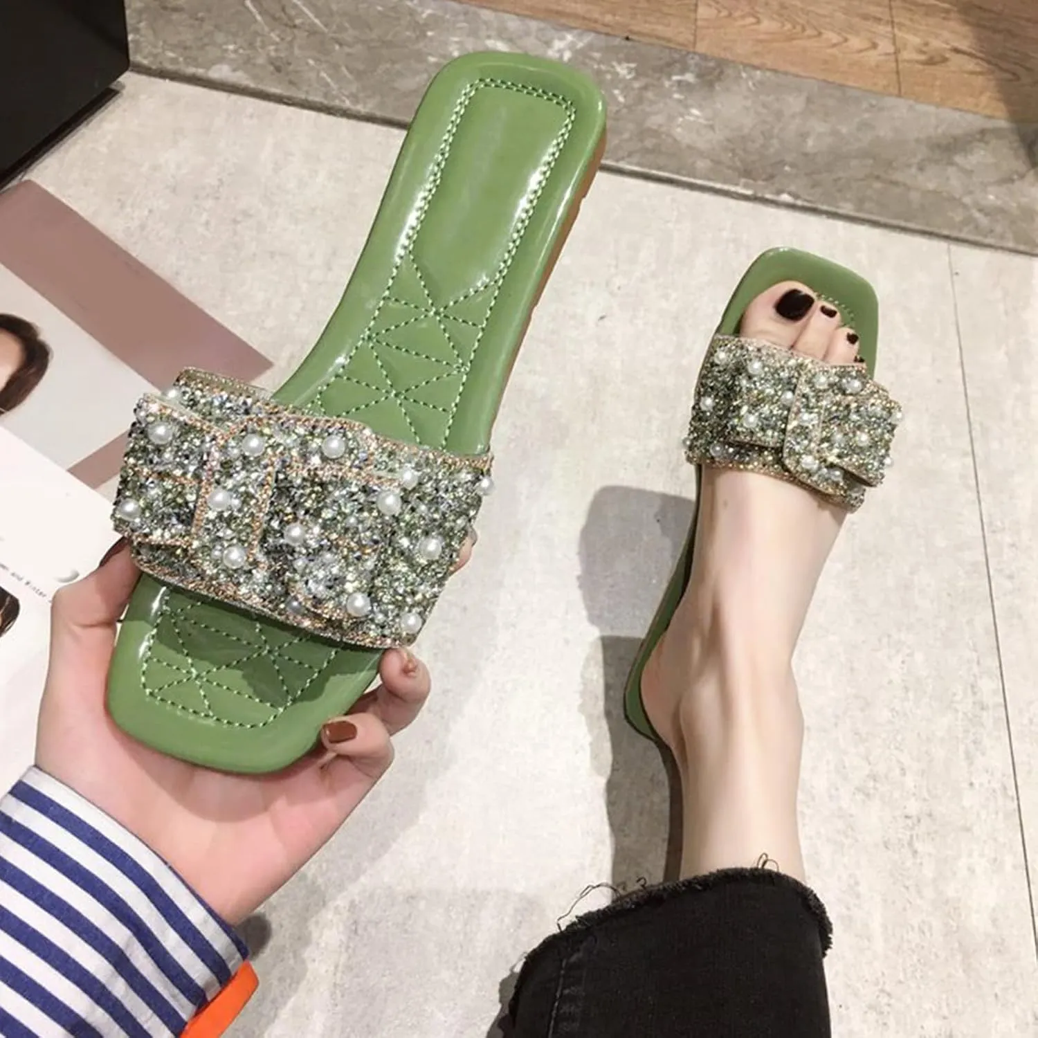 Women's Sparkle Pearl Square Open Toe Flat Sandals Dressy with Rhinestone Slip On Slippers Summer Casual Shoes