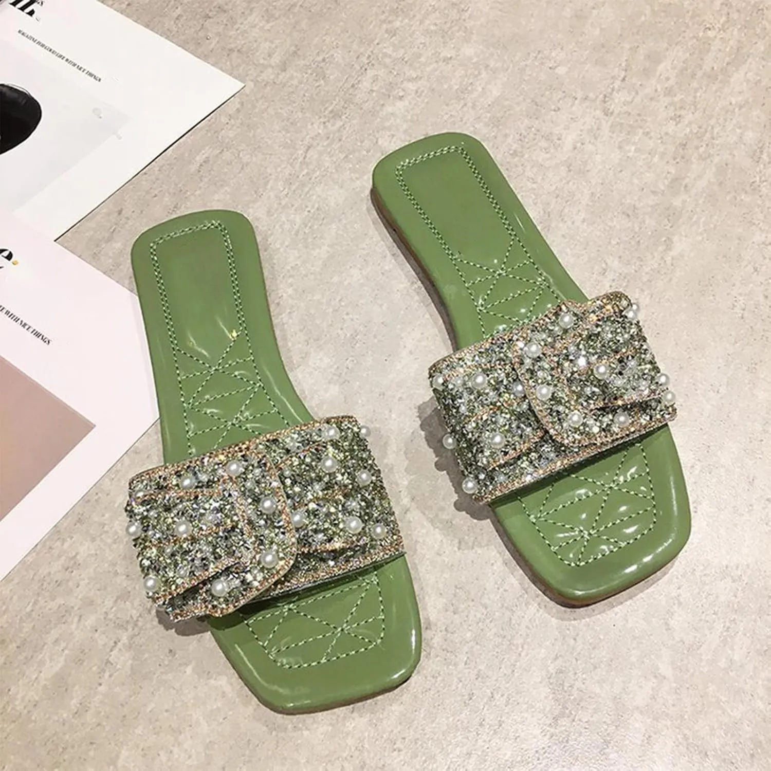 Women's Sparkle Pearl Square Open Toe Flat Sandals Dressy with Rhinestone Slip On Slippers Summer Casual Shoes