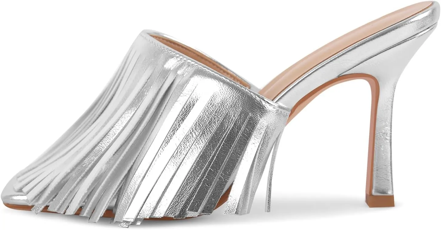 Women's Square Toe Fringed Slides Sandals Slip On Stilettos High Heels