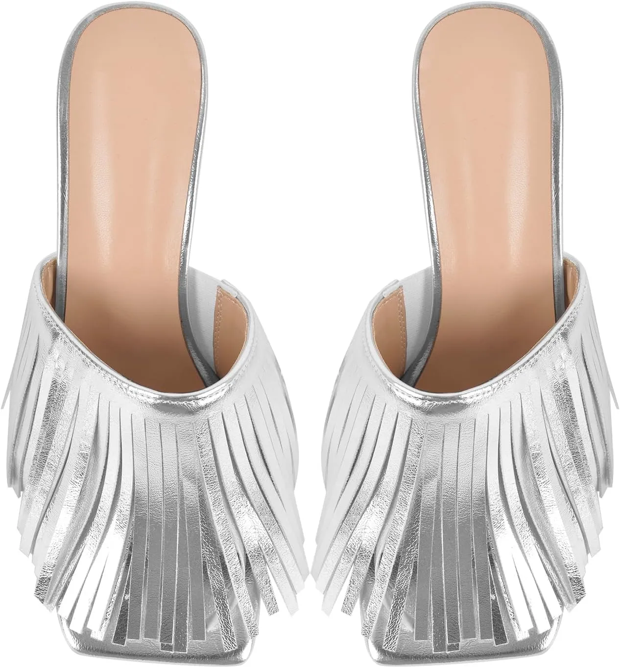 Women's Square Toe Fringed Slides Sandals Slip On Stilettos High Heels