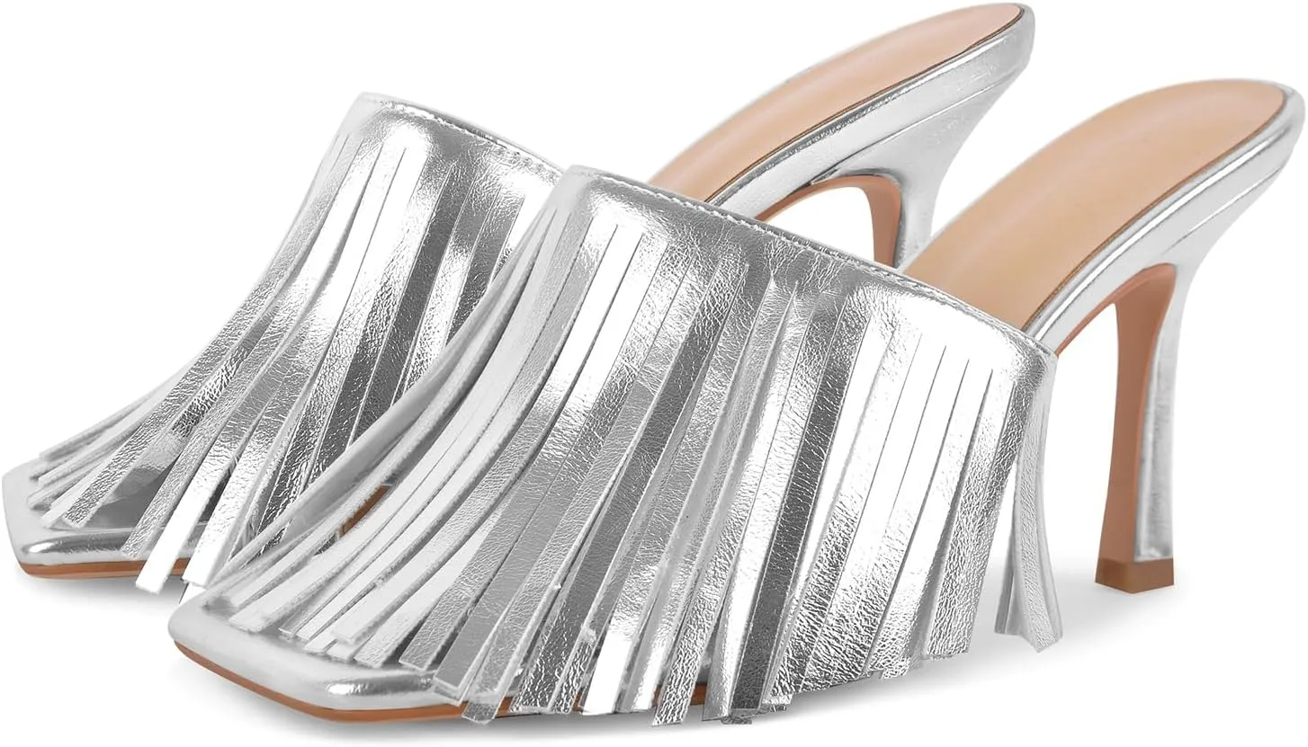 Women's Square Toe Fringed Slides Sandals Slip On Stilettos High Heels