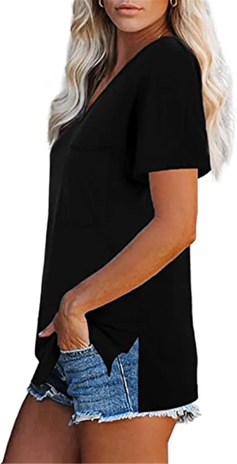 Women's Summer V-Neck Slim T-Shirt Loose Cotton Short Sleeve Tops Casual Urban Style