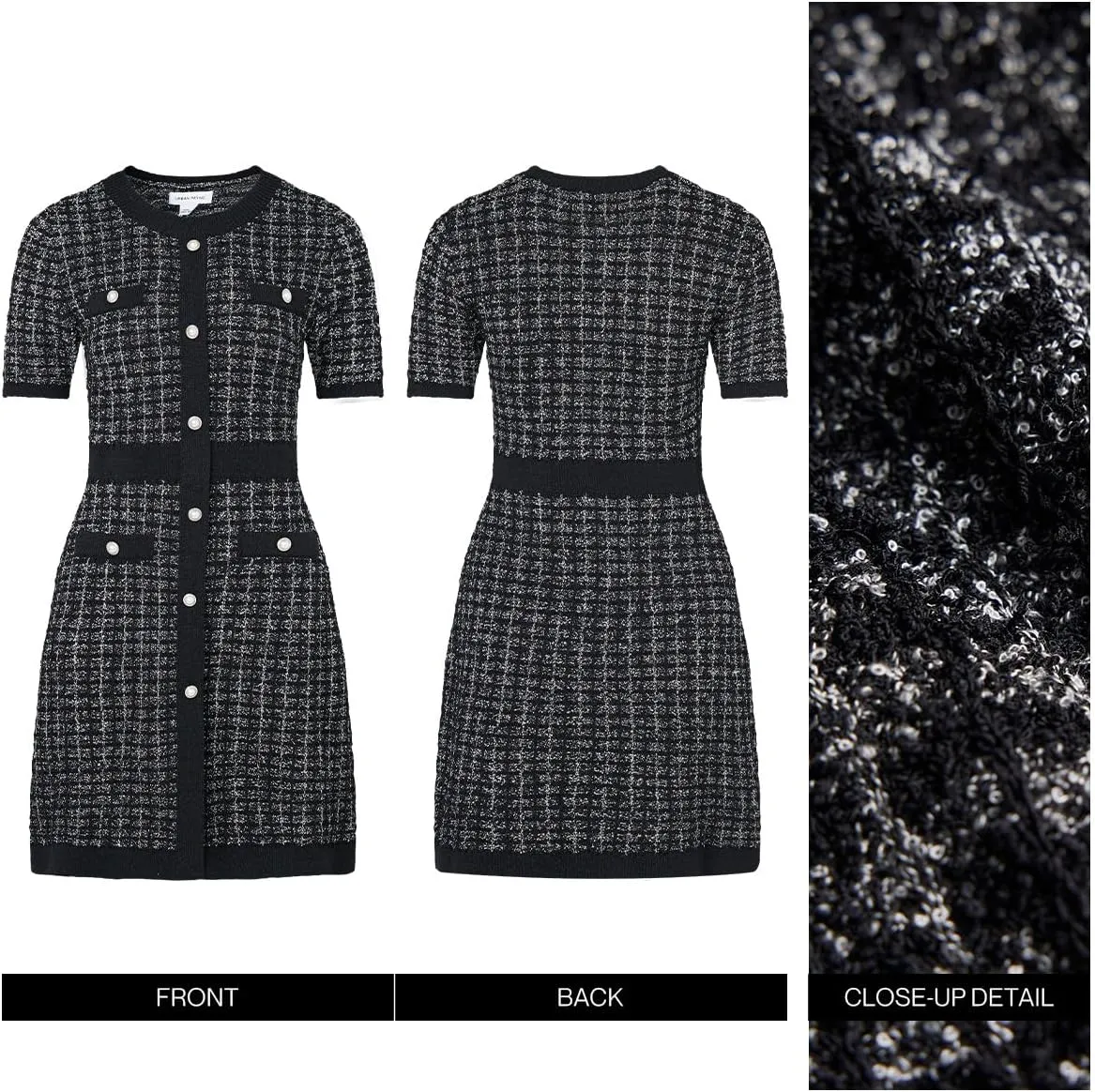 Women's Sweater Dress Knit Tweed Dress Short Sleeve Pearl Button Mini Dresses Trendy for Fall Spring Summer