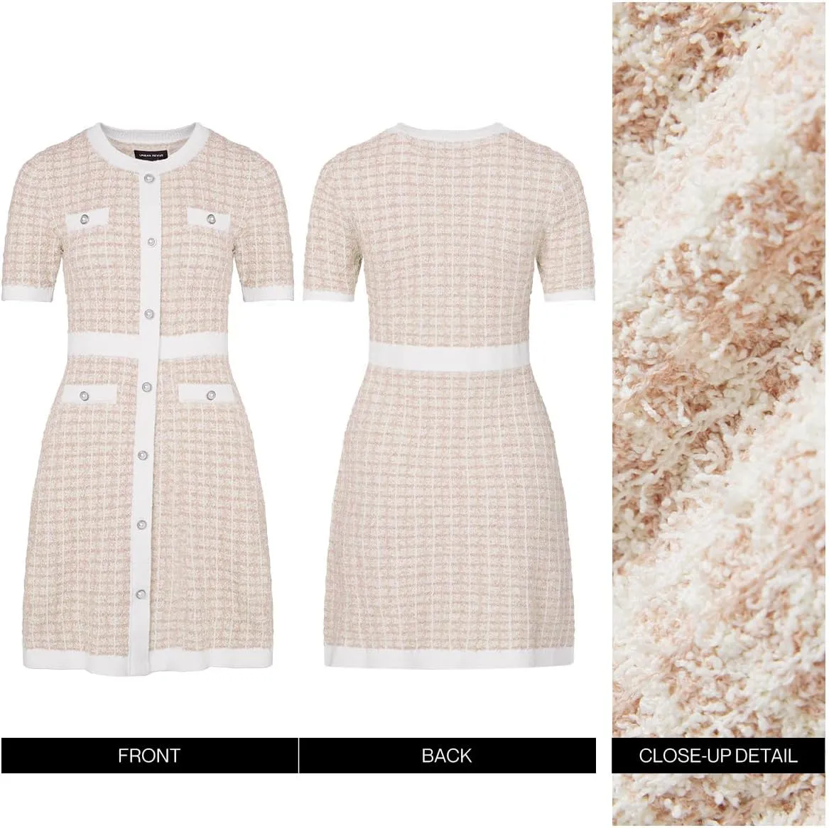 Women's Sweater Dress Knit Tweed Dress Short Sleeve Pearl Button Mini Dresses Trendy for Fall Spring Summer